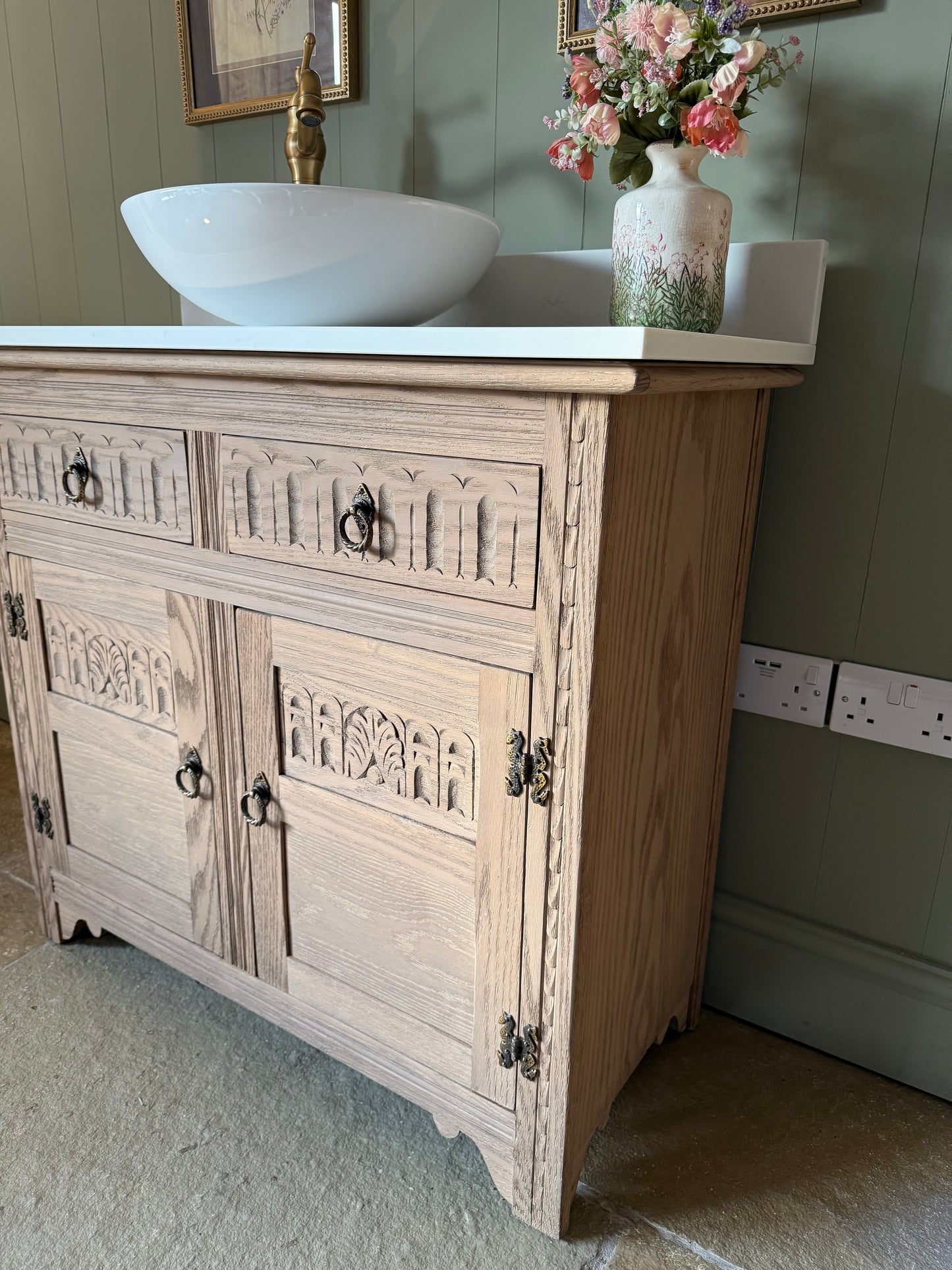 Vintage Light Oak Vanity Sink Unit, Carrara Quartz top, Upstand and Basin (98cm wide)