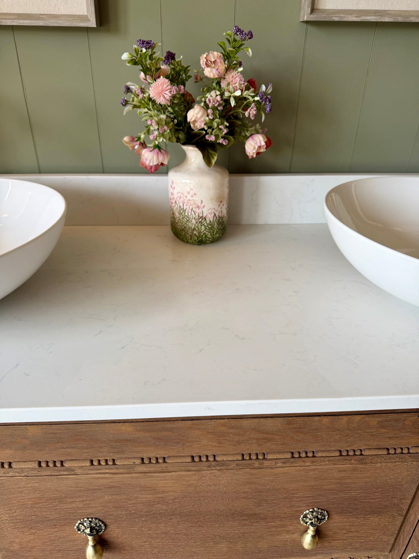 Large Double Vanity Sink, Carrara Quartz top, Upstand and two basins. (154cm wide)