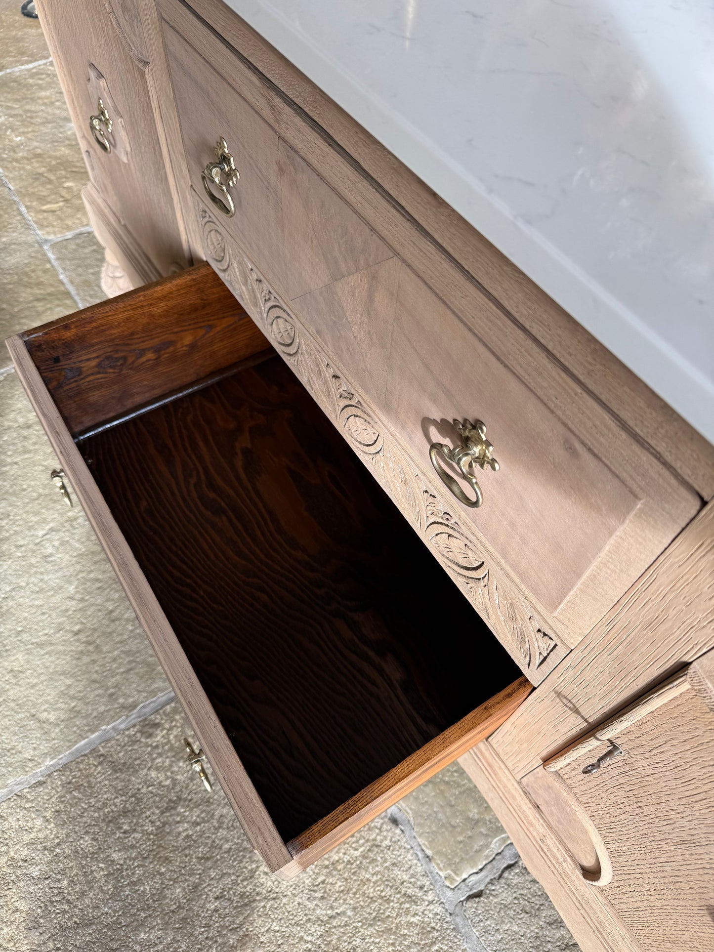 Vintage Oak (walnut inlay) Double Vanity Sink Unit, Carrara Quartz Top, Upstand and two basins. (152cm wide)