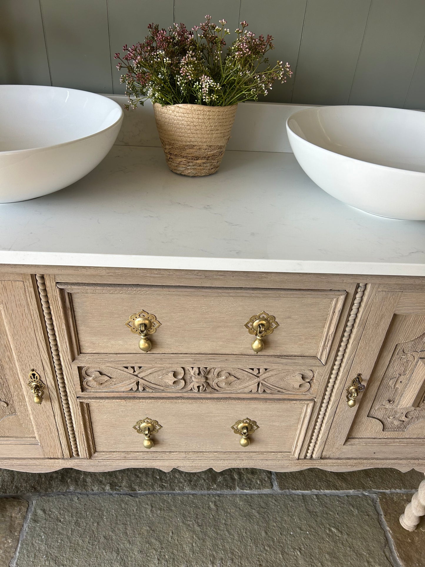 Double Vintage Oak Vanity Sink. Quartz top, Upstand and Basins 123cm wide