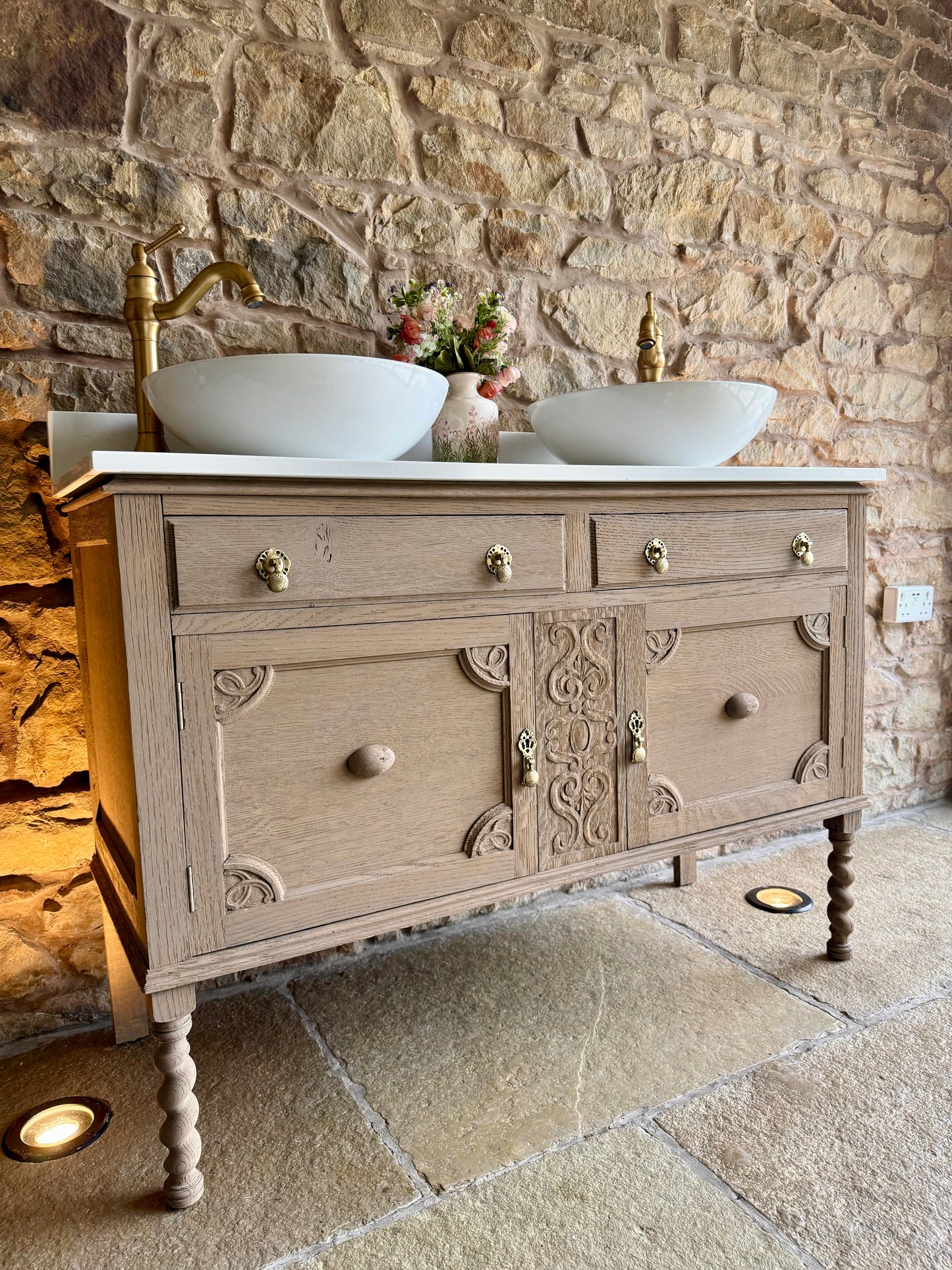Vintage Light Oak Double Vanity Sink Unit, Carrara Quartz Top, Upstand and Basins (121cm wide)