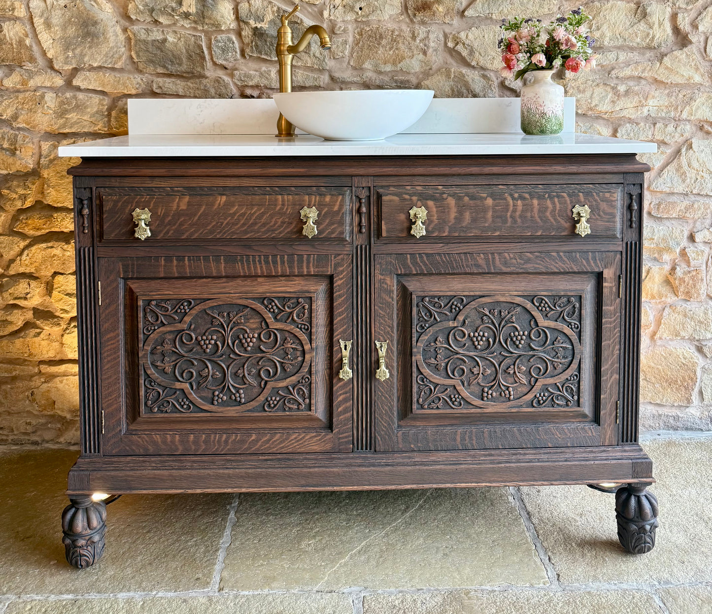 Vintage Ornate Solid Oak Double Or Single Vanity Sink Unit, Carrara Quartz Top, Upstand and two basins (126cm wide)