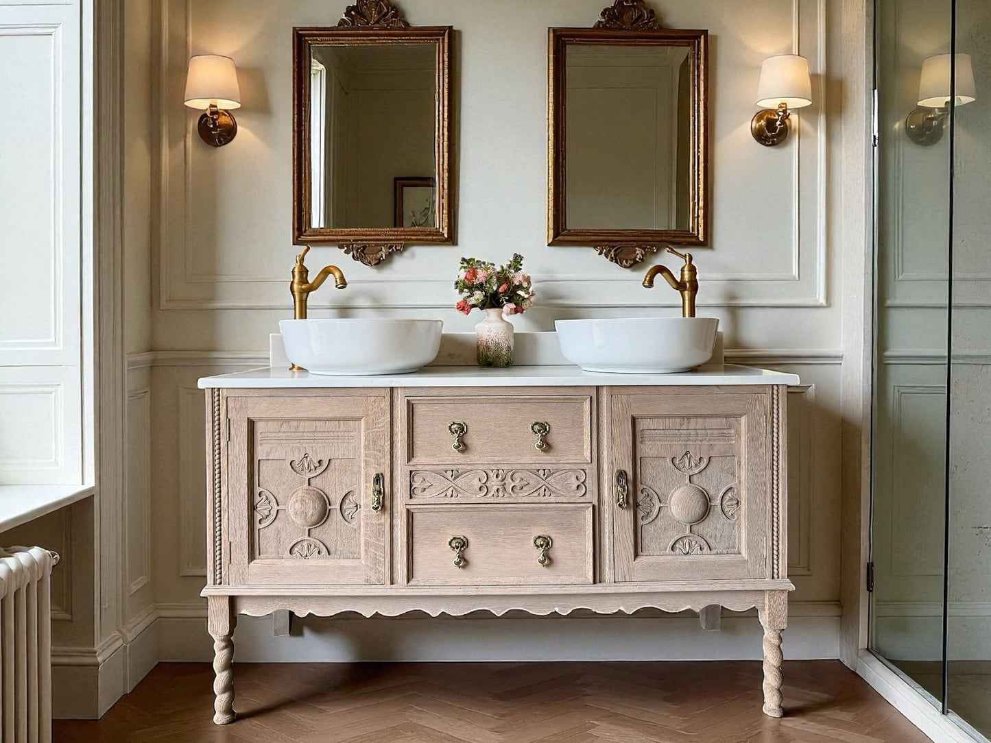 Vintage Solid Oak Double Vanity Sink, Carrara Quartz top and two basins. (137cm wide)