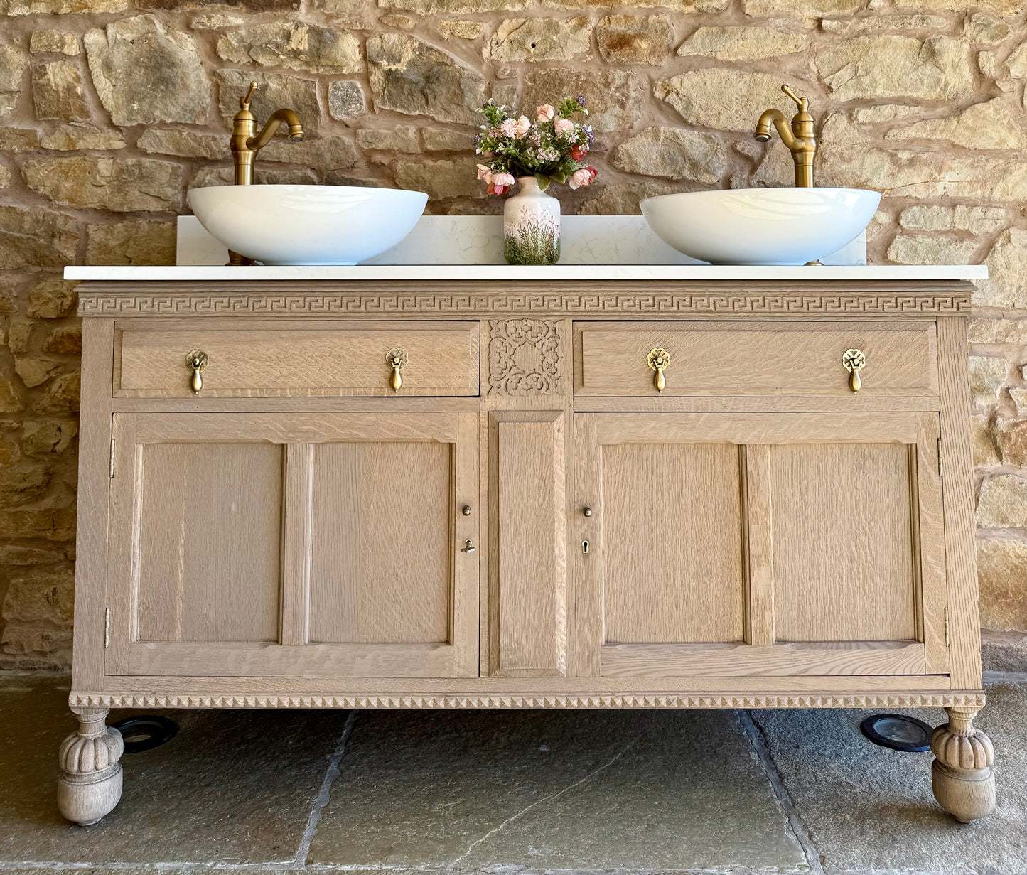 Vintage Double Oak Vanity Sink, Carrara Quartz top, Upstand and two basins. (138.5cm wide)