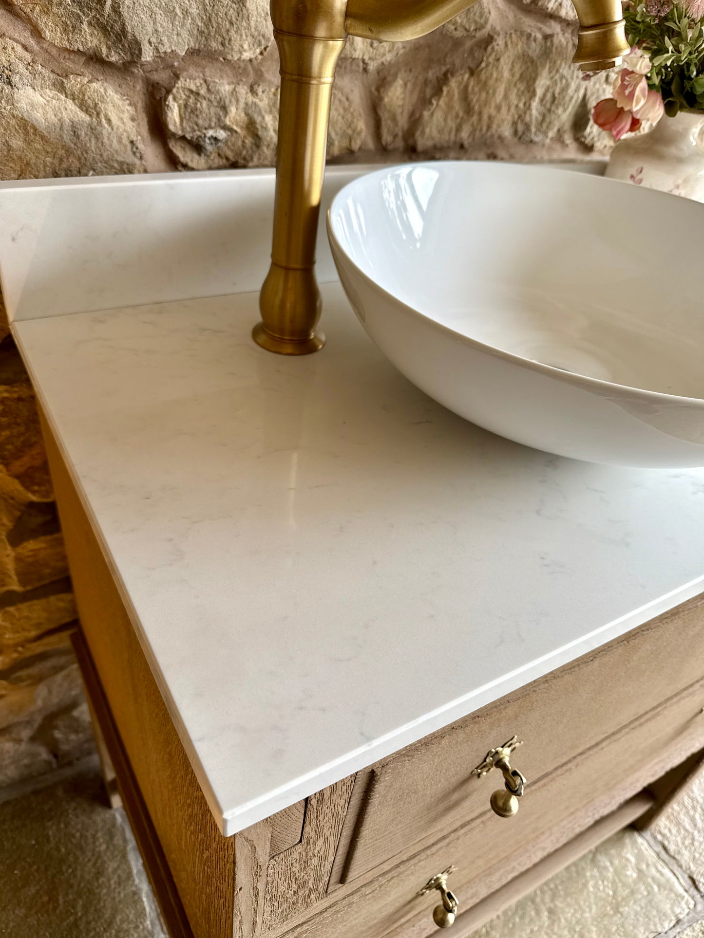 Small Vintage Oak Vanity Sink, Quartz Top, Upstand and Basin (75cm wide)