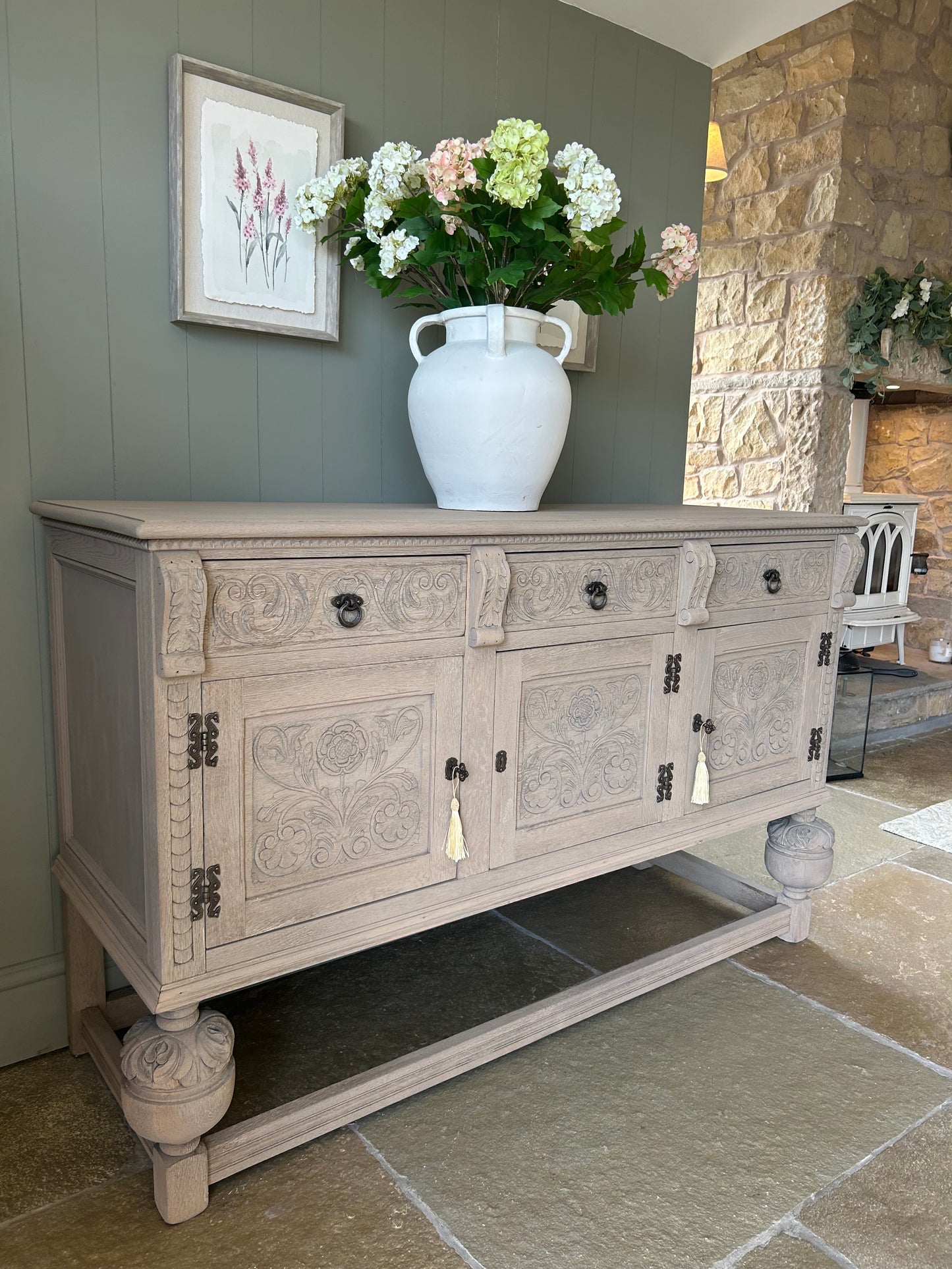 Vintage Weathered Oak Sideboard with carved detailing.