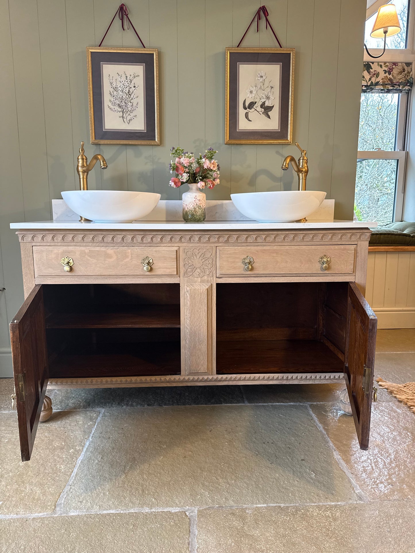 Vintage Oak Double Vanity Sink, Quartz top, Upstand and two basins. (139cm wide)