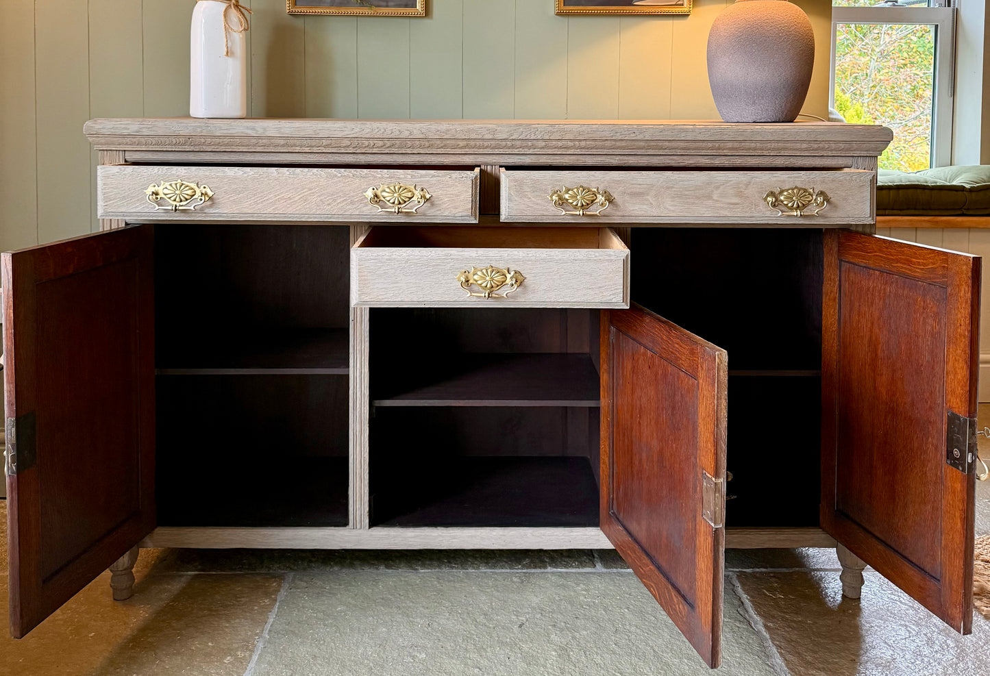 Antique Rustic Medium Sized Oak Sideboard with pretty carved detailing. (153cm wide)