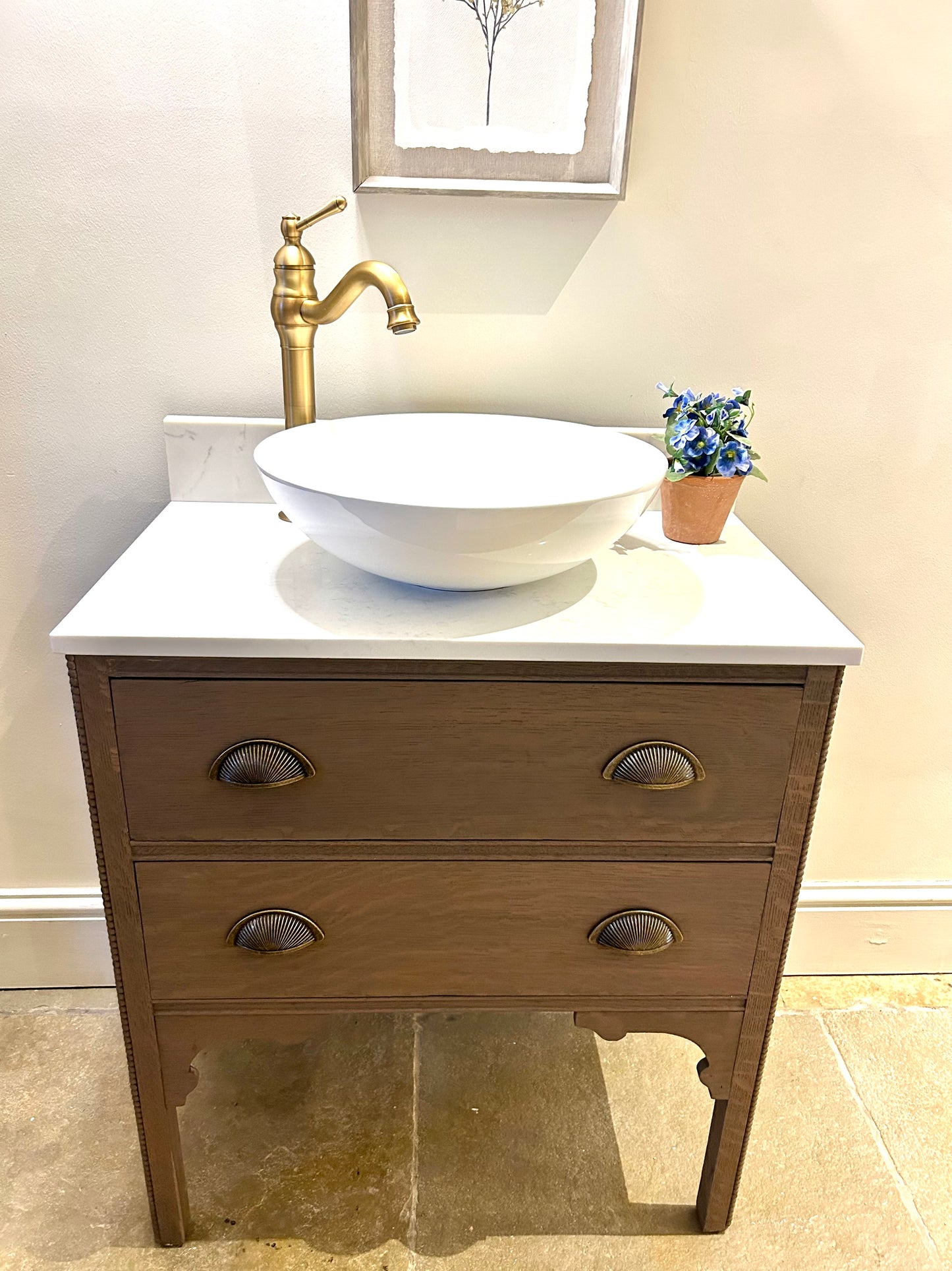 Small Vanity Sink in Warm Oak with quartz top, Upstand and countertop basin. 69.5 cm width