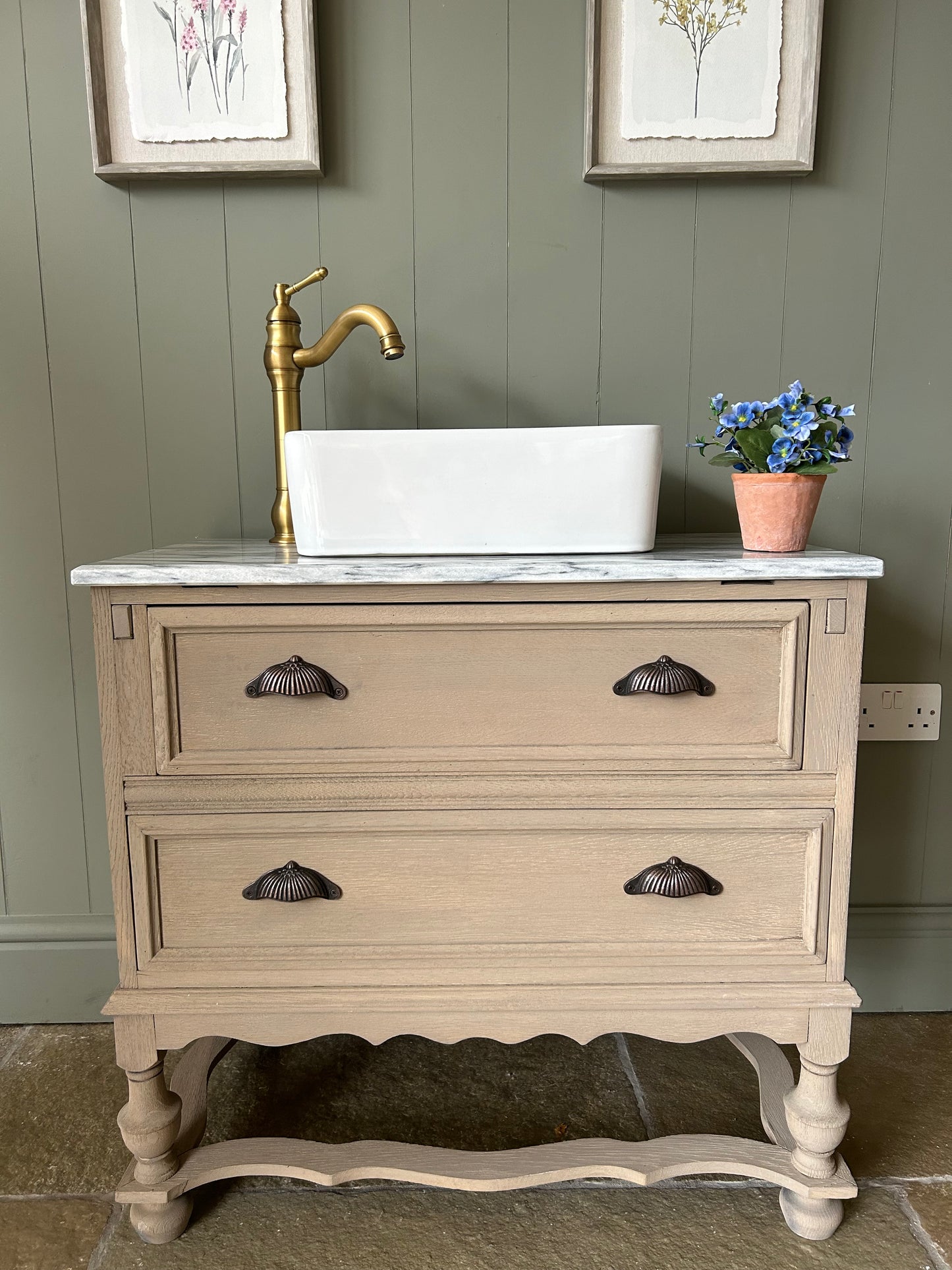 Vintage Marble Topped Vanity Sink finished in a Weathered Oak Style