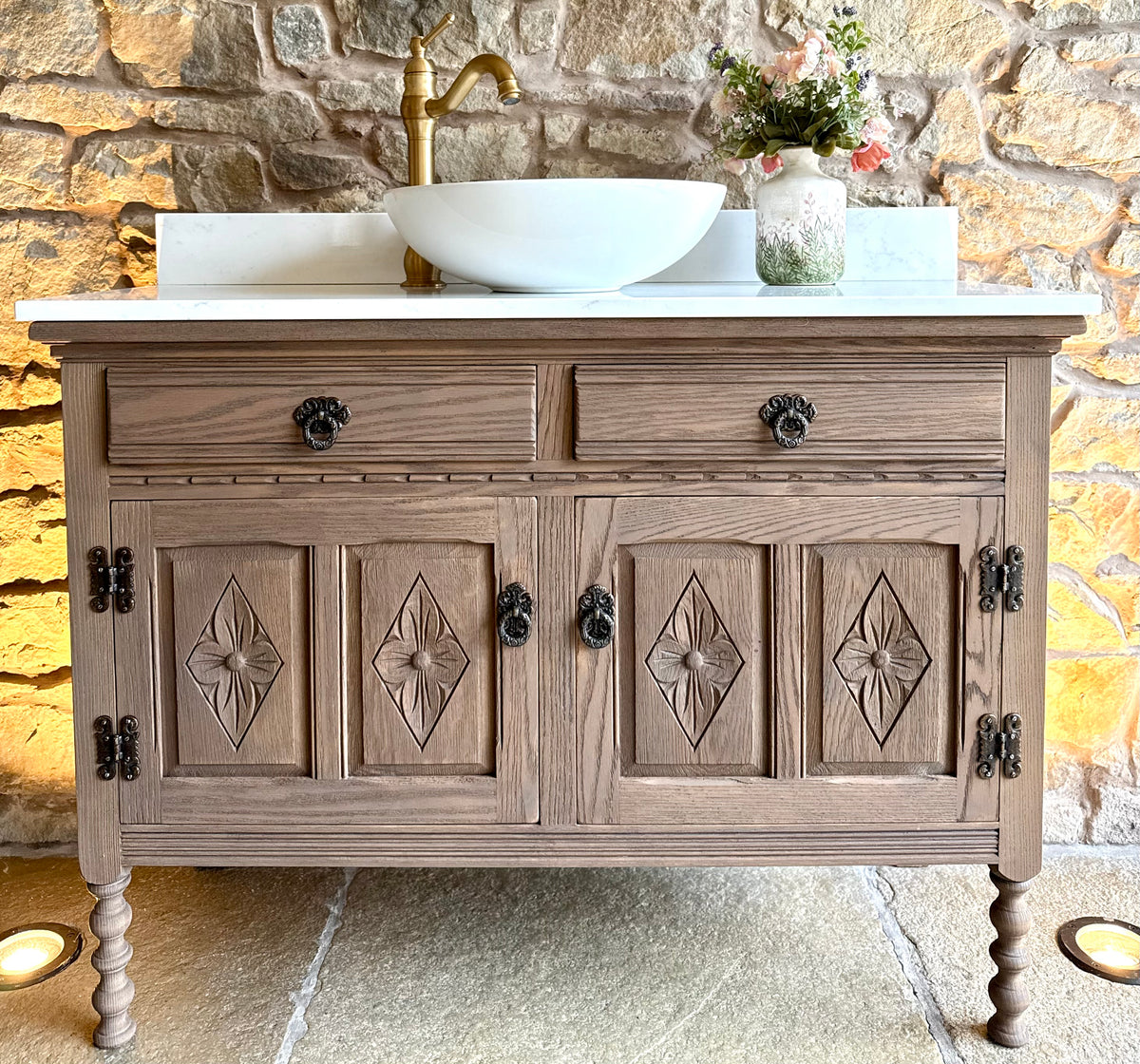 Vintage Oak Vanity Sink Unit, Quartz Top, Upstand and Basin. (109cm wide)