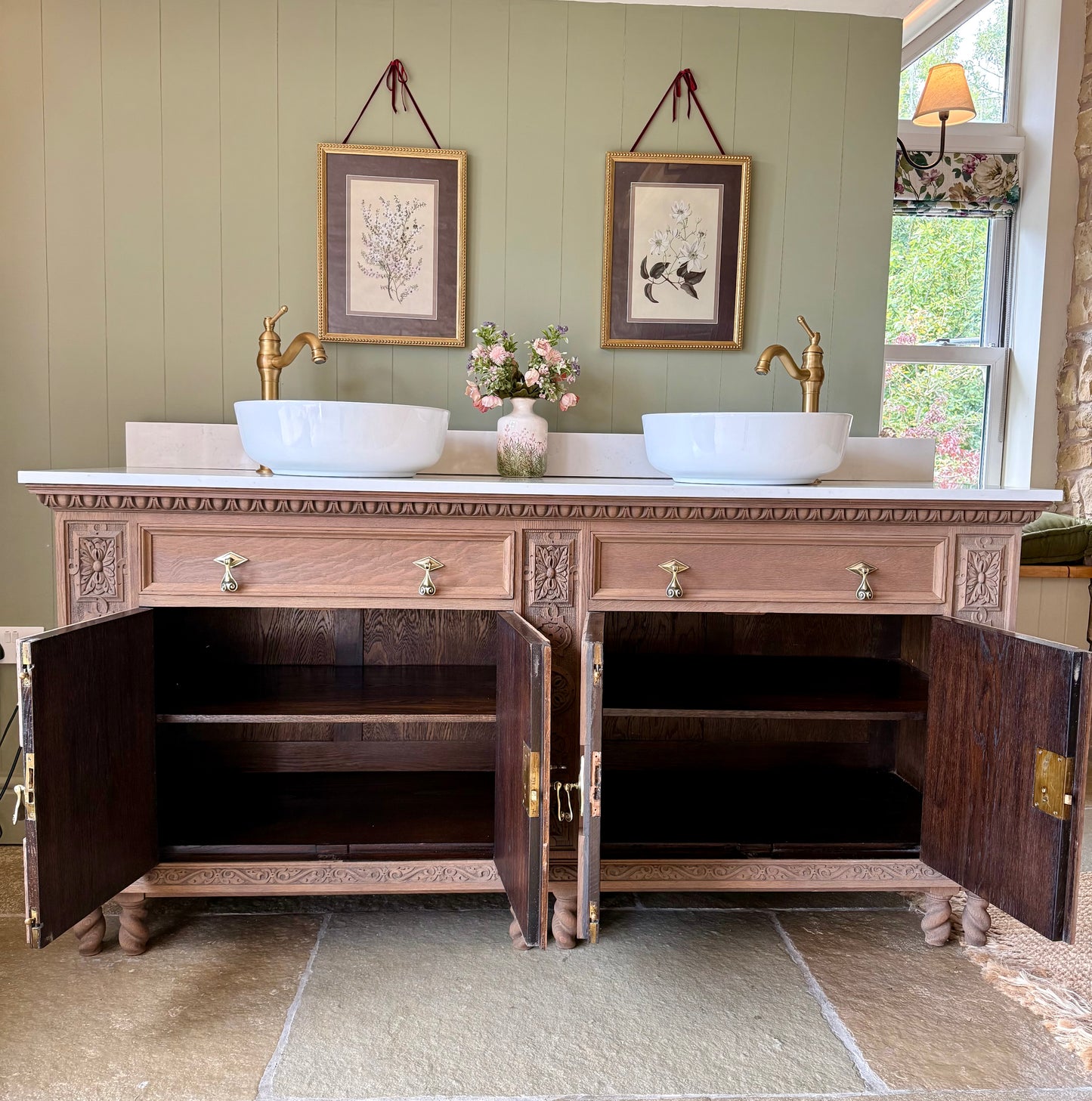Large Mid Solid Oak Double Vanity Sink, Quartz top, Upstand and two basins. ( 185cm wide)