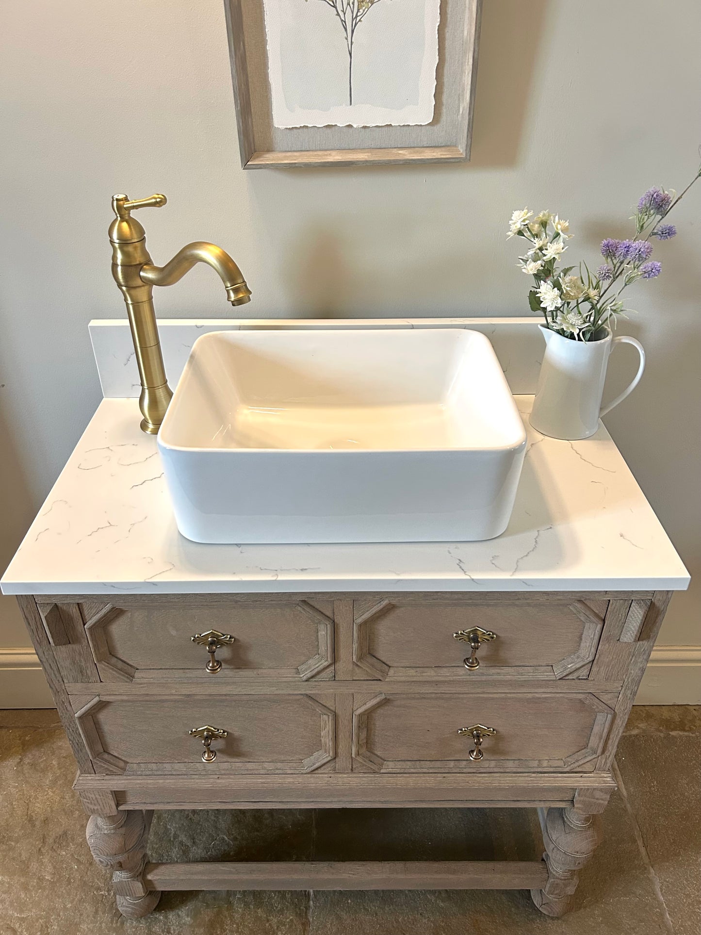 Vintage Weathered oak vanity sink unit with quartz/marble top 76cm wide