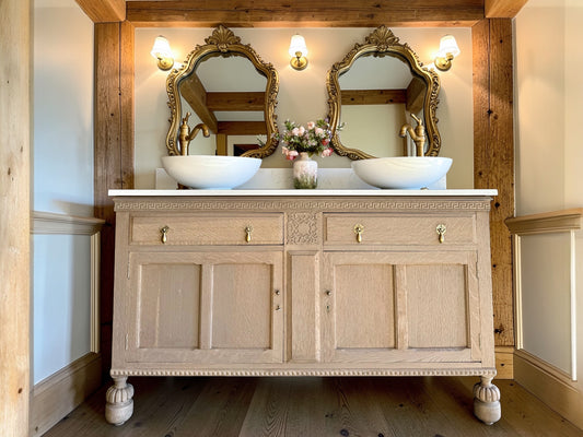 Vintage Double Oak Vanity Sink, Carrara Quartz top, Upstand and two basins. (138.5cm wide)