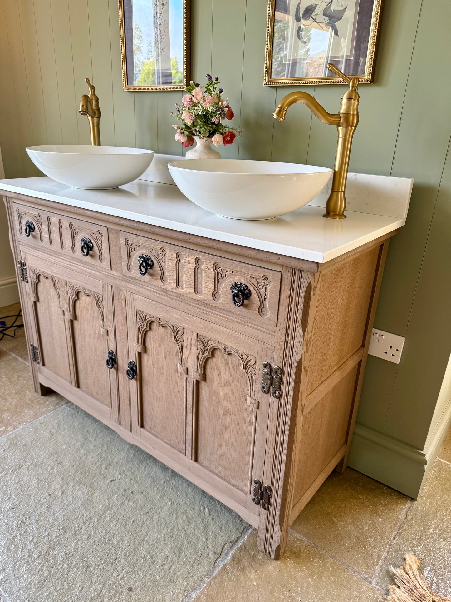 Beautiful Oak Vanity Sink, Carrara Quartz top, Upstand and two basins. (128 cm wide)