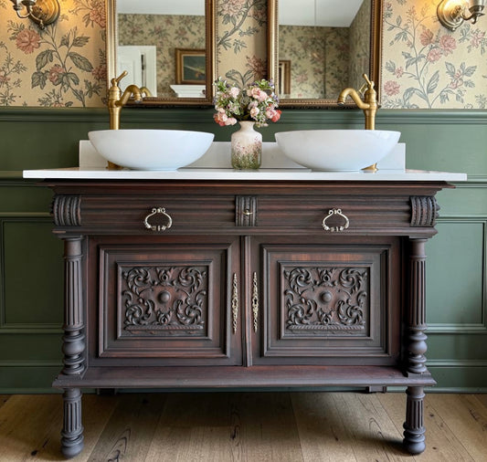 Antique Classic Dark Double Vanity Sink Unit, Quartz Top, Upstand and Two Basins (124cm wide)