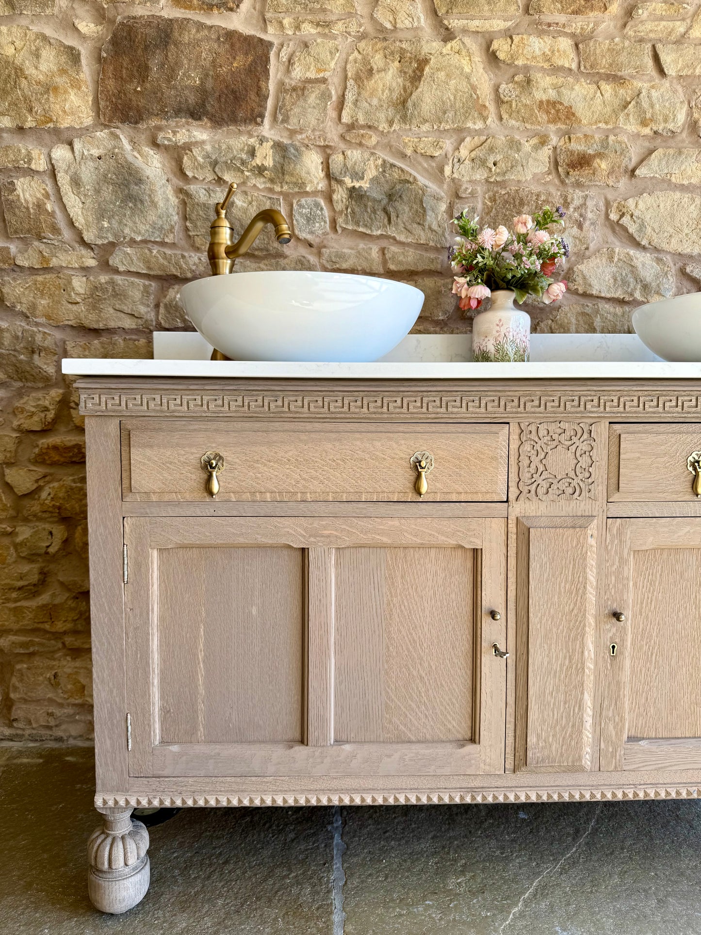 Vintage Double Oak Vanity Sink, Carrara Quartz top, Upstand and two basins. (138.5cm wide)