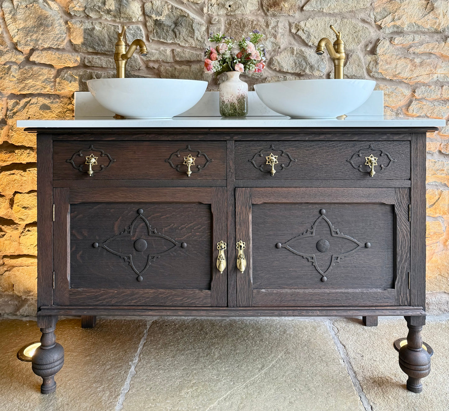 Classic Dark Oak Vintage Vanity Sink Unit, Quartz Top, Upstand and Basins (124cm wide)