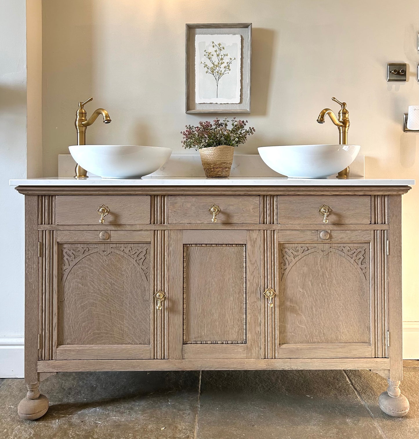 Double Vanity Sink in a light oak with quartz top, Upstand and basins. 140cm wide.