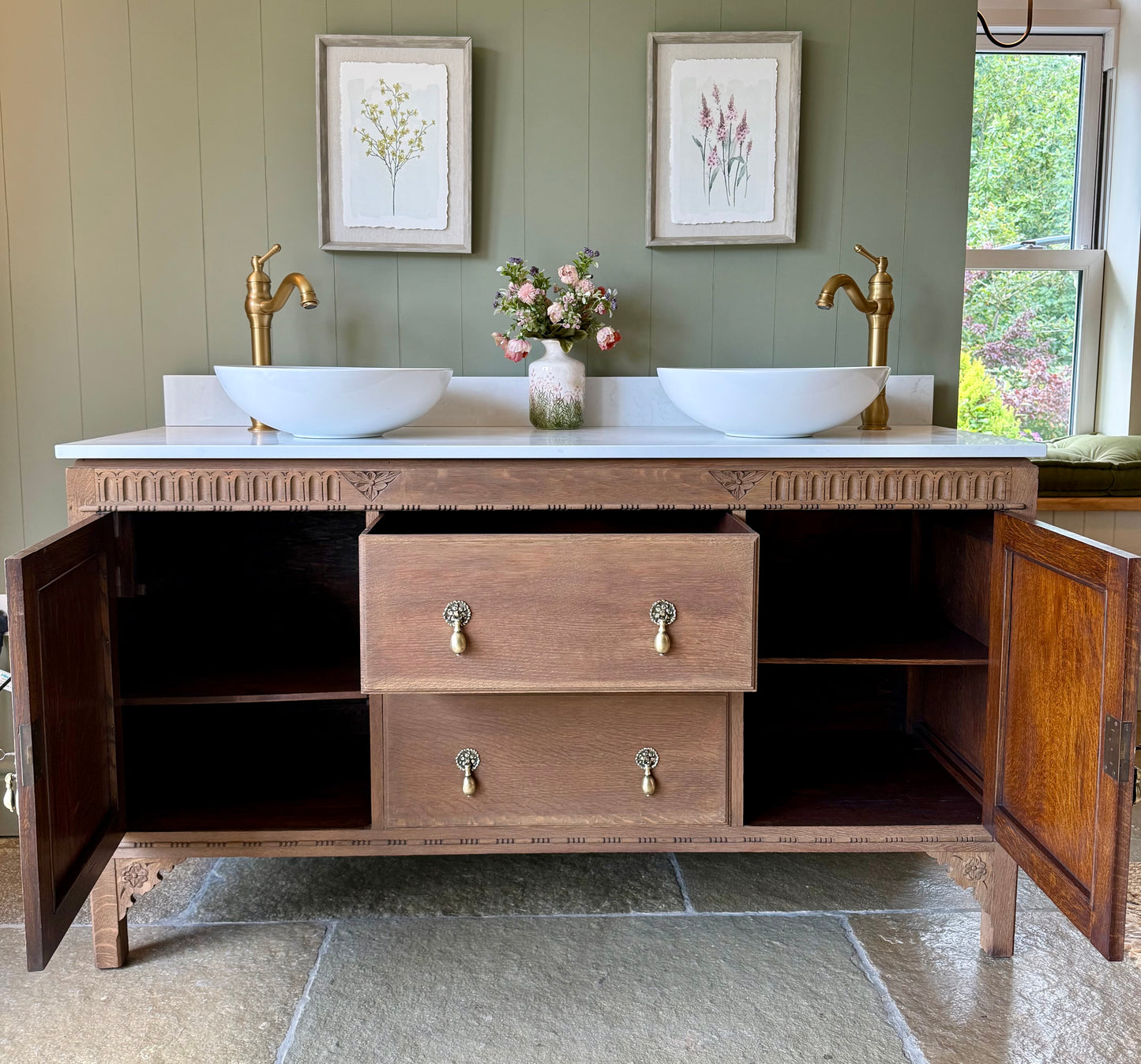 Large Double Vanity Sink, Carrara Quartz top, Upstand and two basins. (154cm wide)