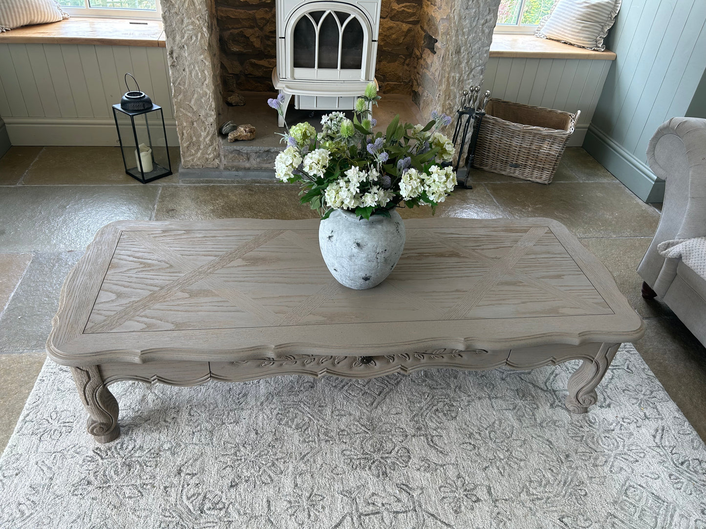 Large Solid Oak Coffee Table with carved detailing.