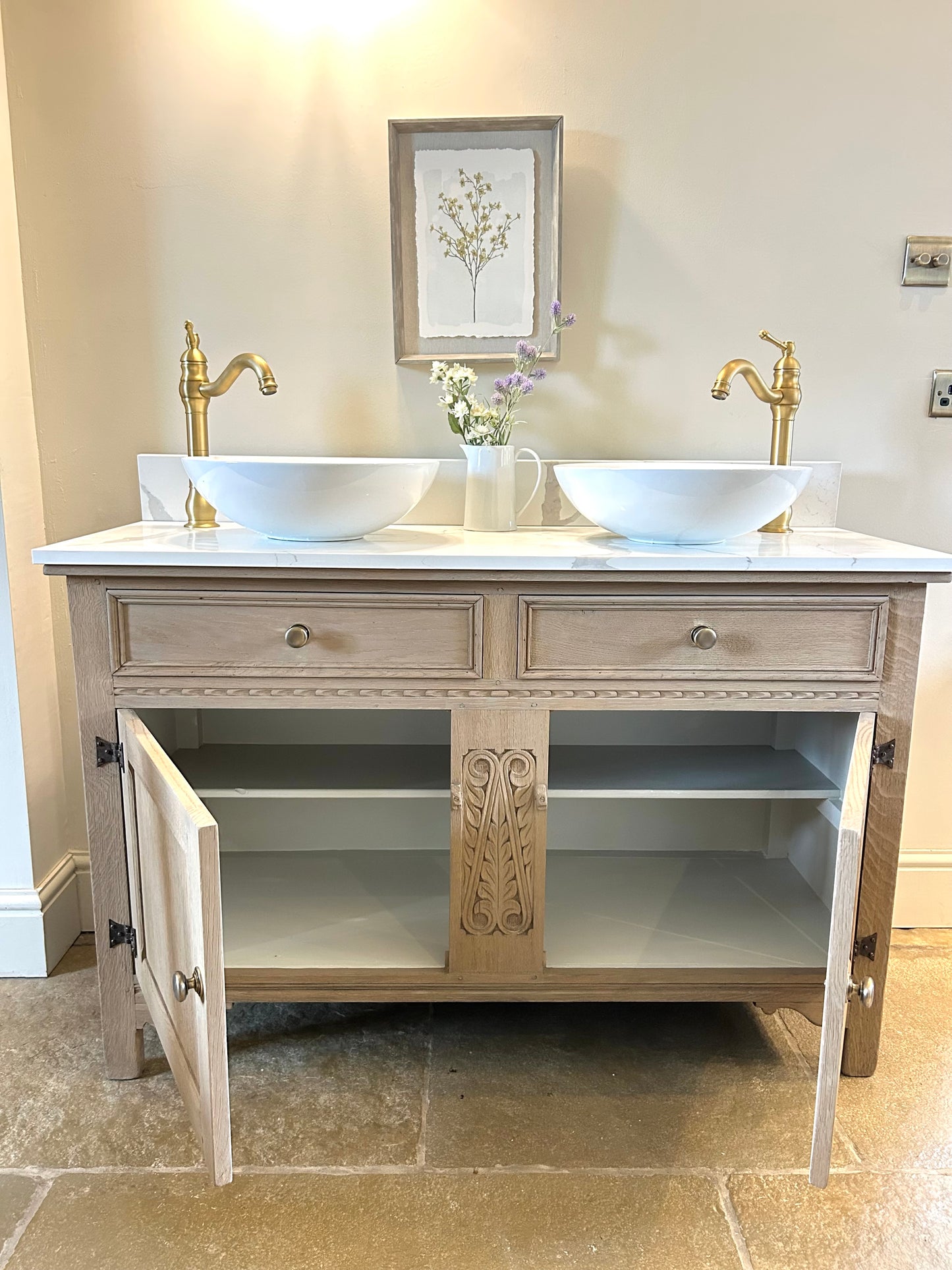 Large Vintage Weathered Oak Double vanity sink with quartz / marble top. 129cm wide