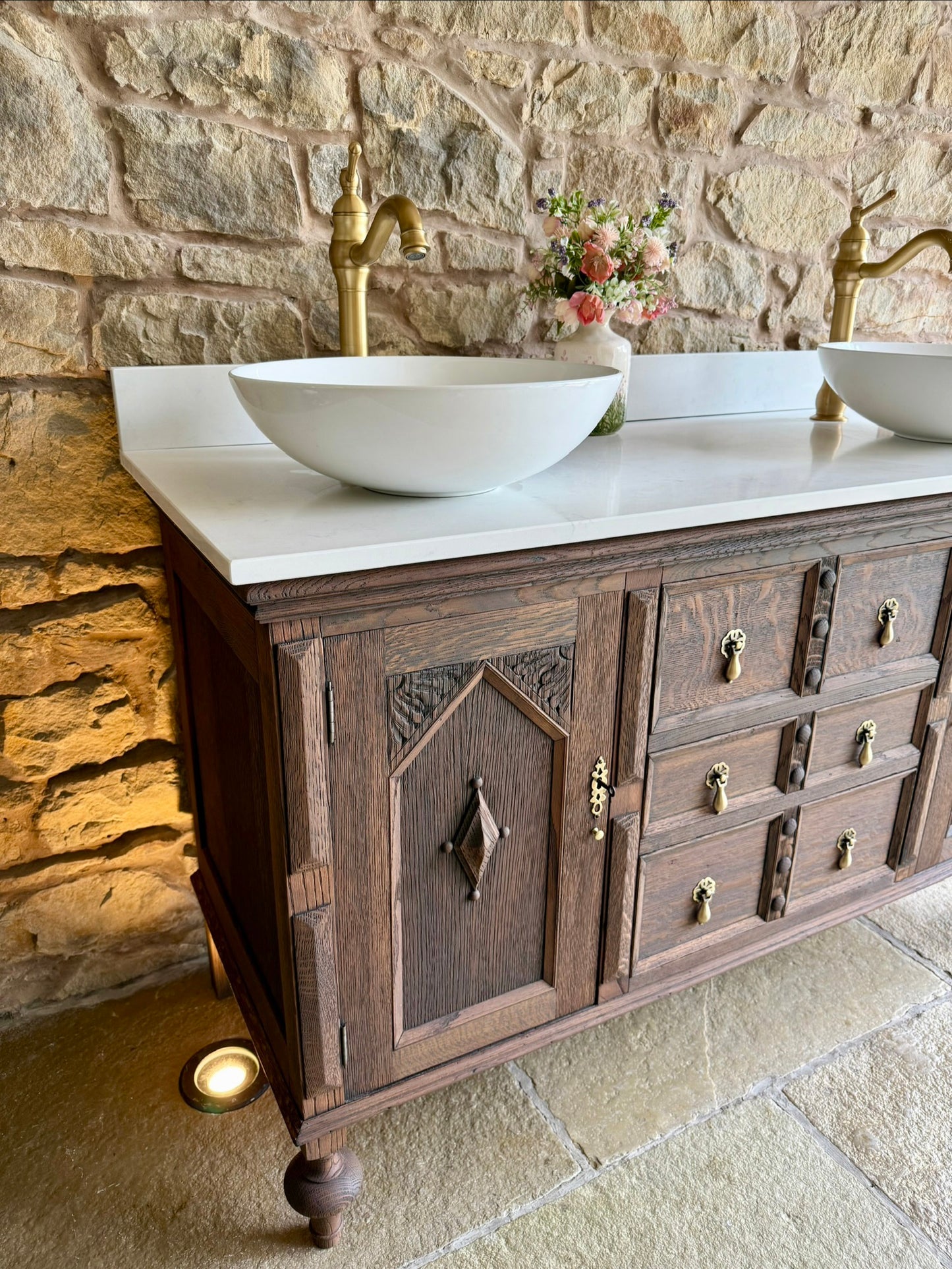 Classic Dark Oak Double Vanity Sink Unit, Quartz Top, Upstand and Two Basins (138cm wide)