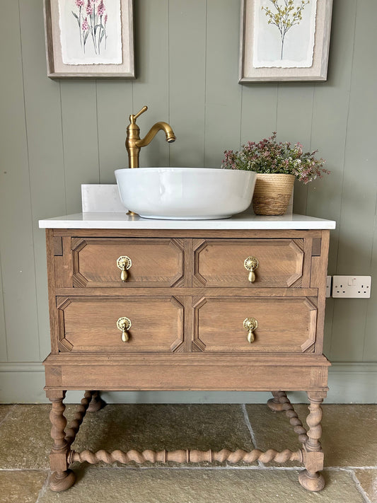 Vintage SolidOak Vanity Sink, Carrara Quartz top, Upstand and countertop basin. (76cm wide)