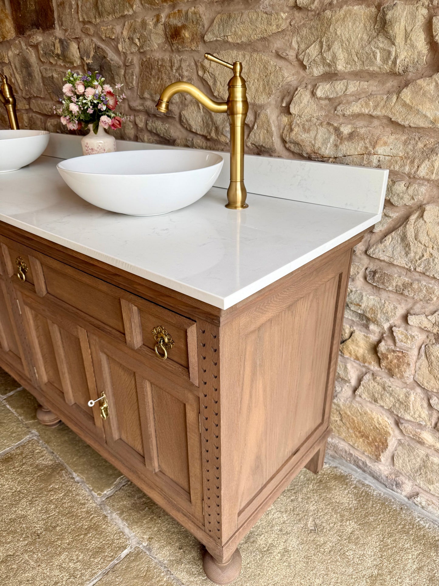 Large Solid Oak Double Vanity Sink Unit, Quartz Top, Upstand and Two Basins (185cm wide)