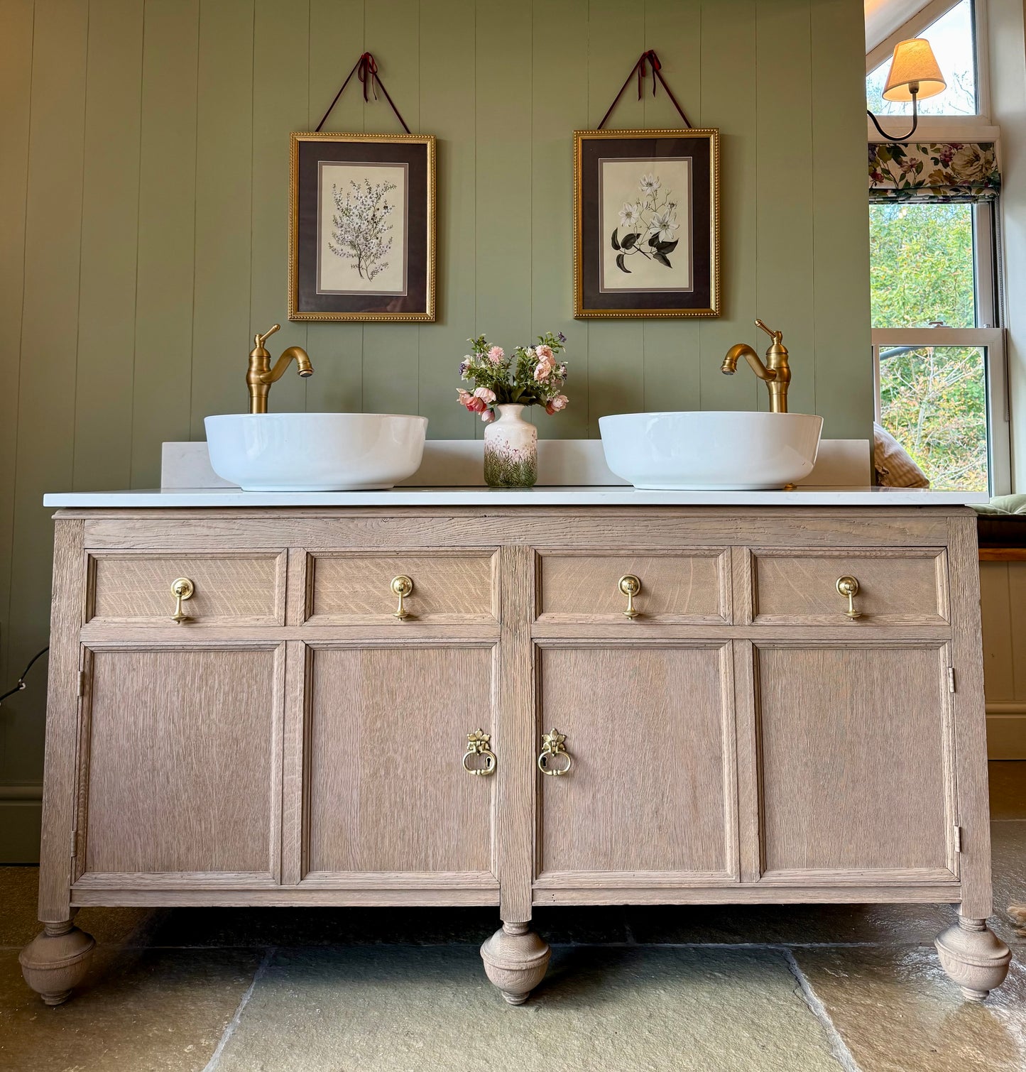 Large Vintage Oak Double Vanity unit, Carrara Quartz top, Upstand and two basins (154.5cm)