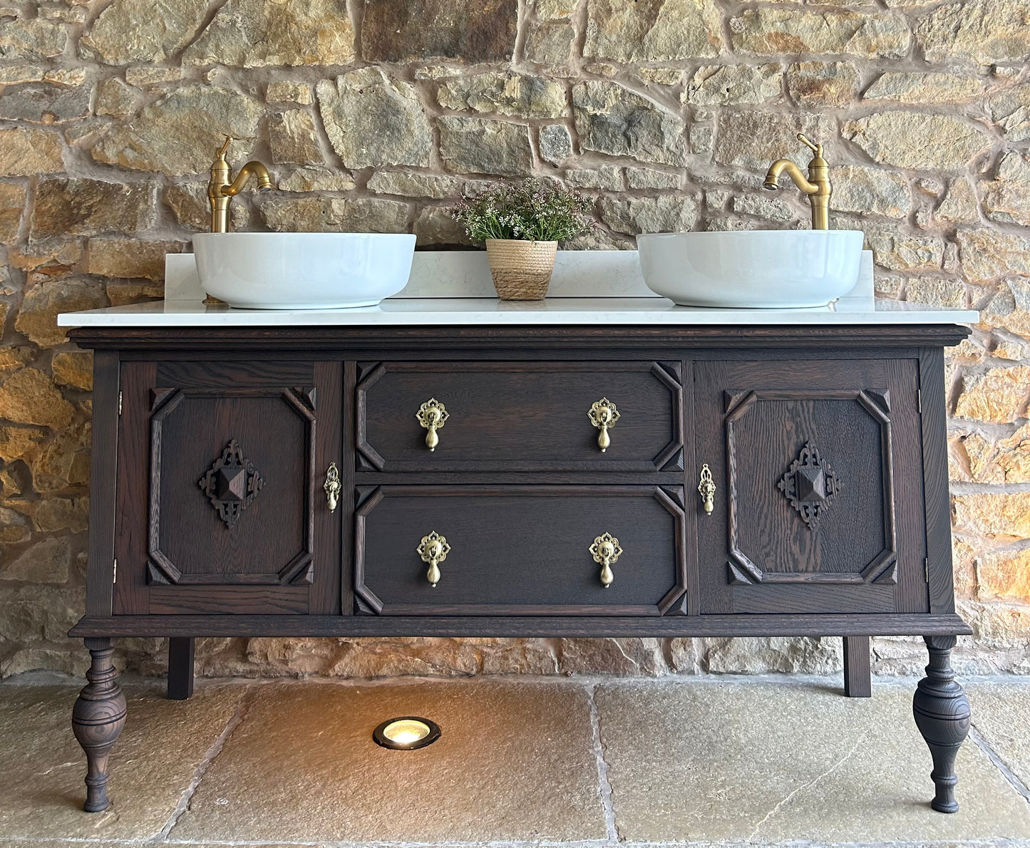 Classic Dark Solid Oak Double Vanity with Quartz top, Upstand and basins. (154cm wide)
