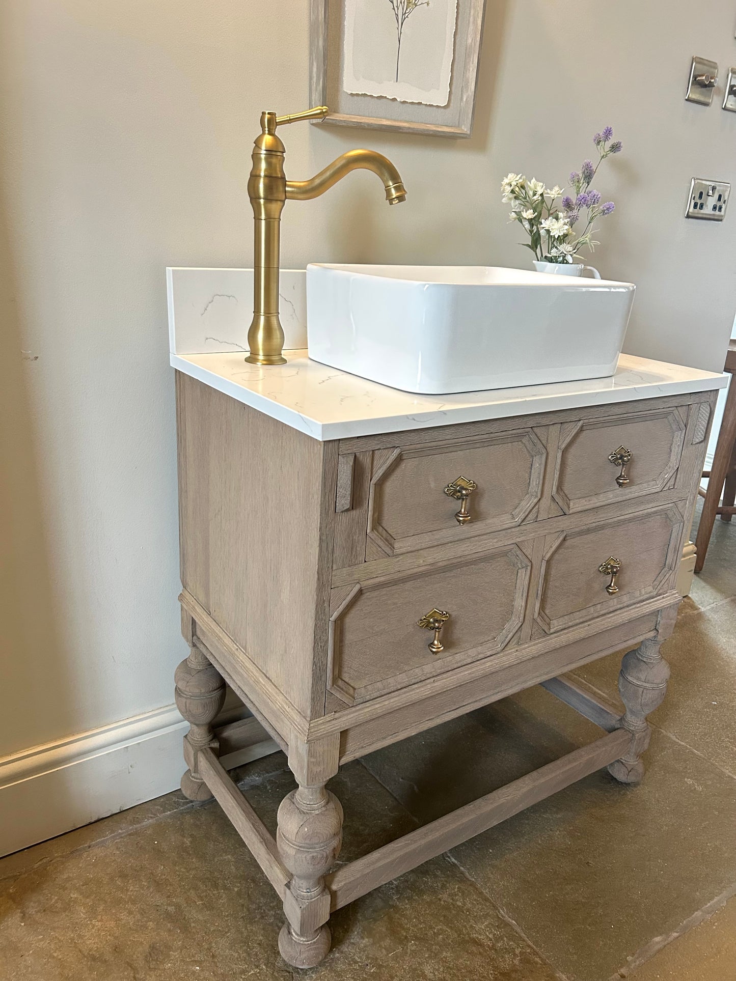 Vintage Weathered oak vanity sink unit with quartz/marble top 76cm wide