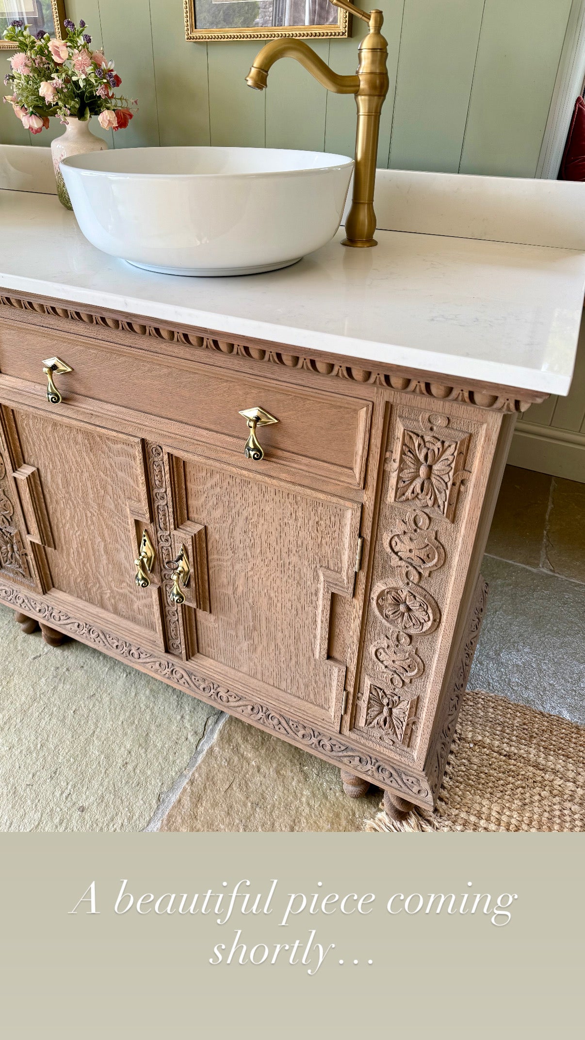 Large Mid Solid Oak Double Vanity Sink, Quartz top, Upstand and two basins. ( 185cm wide)