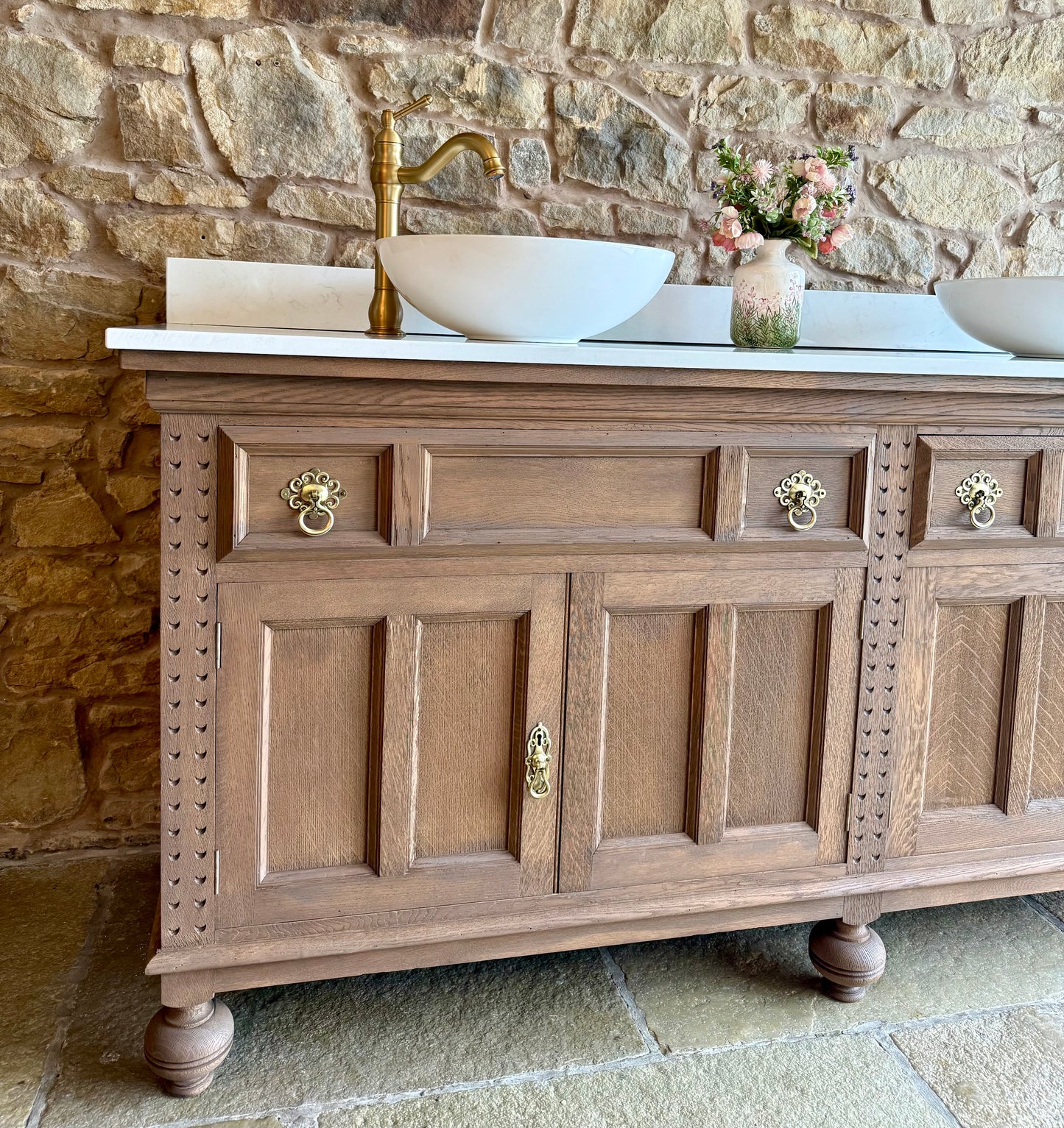 Large Solid Oak Double Vanity Sink Unit, Quartz Top, Upstand and Two Basins (185cm wide)