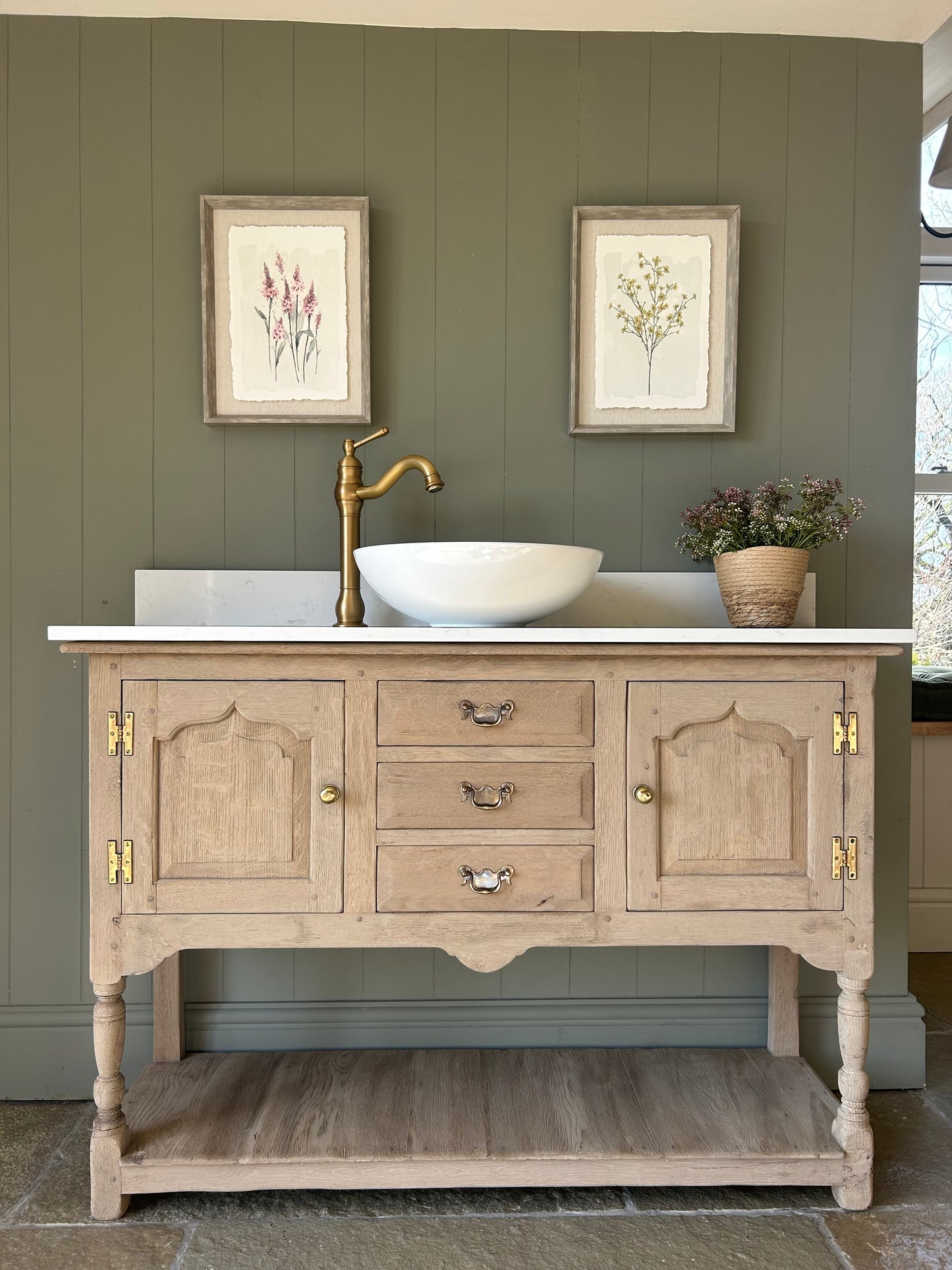 Light Solid Oak Vanity Sink with Basin, Quartz top and Upstand. 1235mm wide