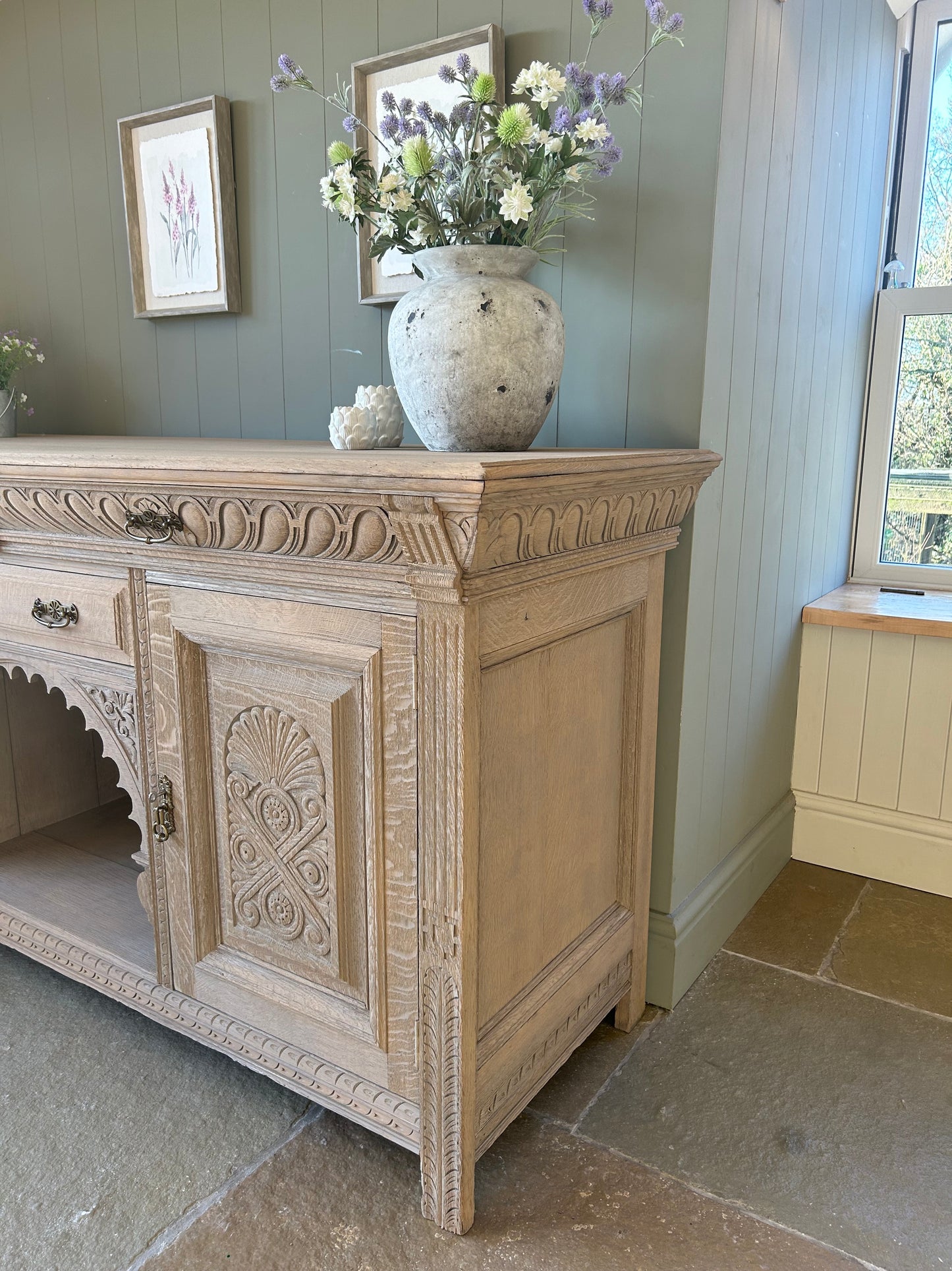 Large Vintage Weathered Oak Sideboard with Ornate Detailing.