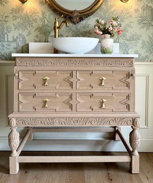 Beautiful Antique Solid Oak Vanity Sink Unit, Quartz Top, Upstand and Basin (90cm wide)