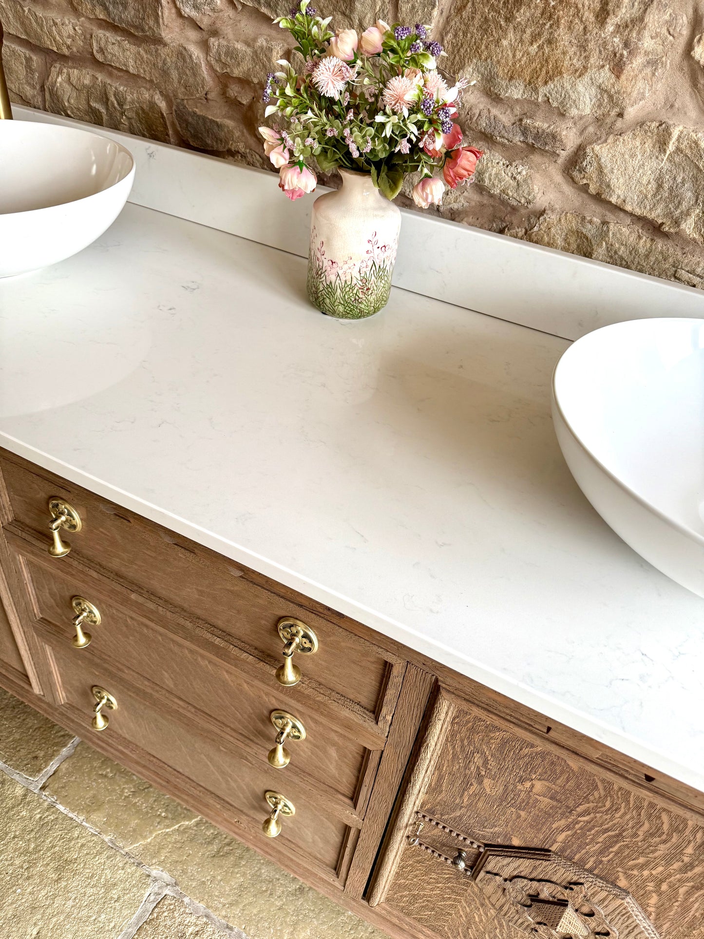 Vintage Solid Oak Vanity Sink, Quartz Top, Upstand and Basins (154cm wide)