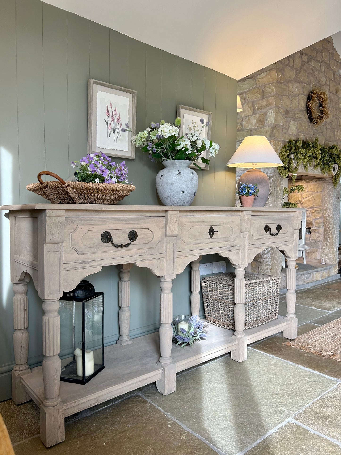 Large rustic Console Table finished in a light weathered oak.