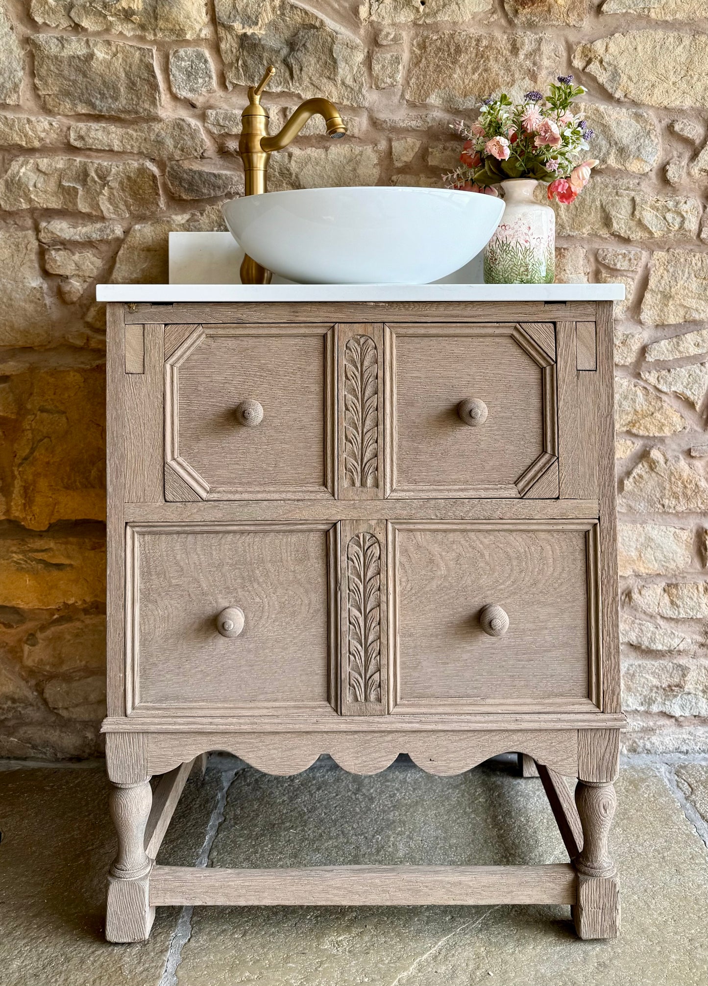 Small Vintage Oak Vanity Sink, Quartz Top, Upstand and Basin (63cm wide)