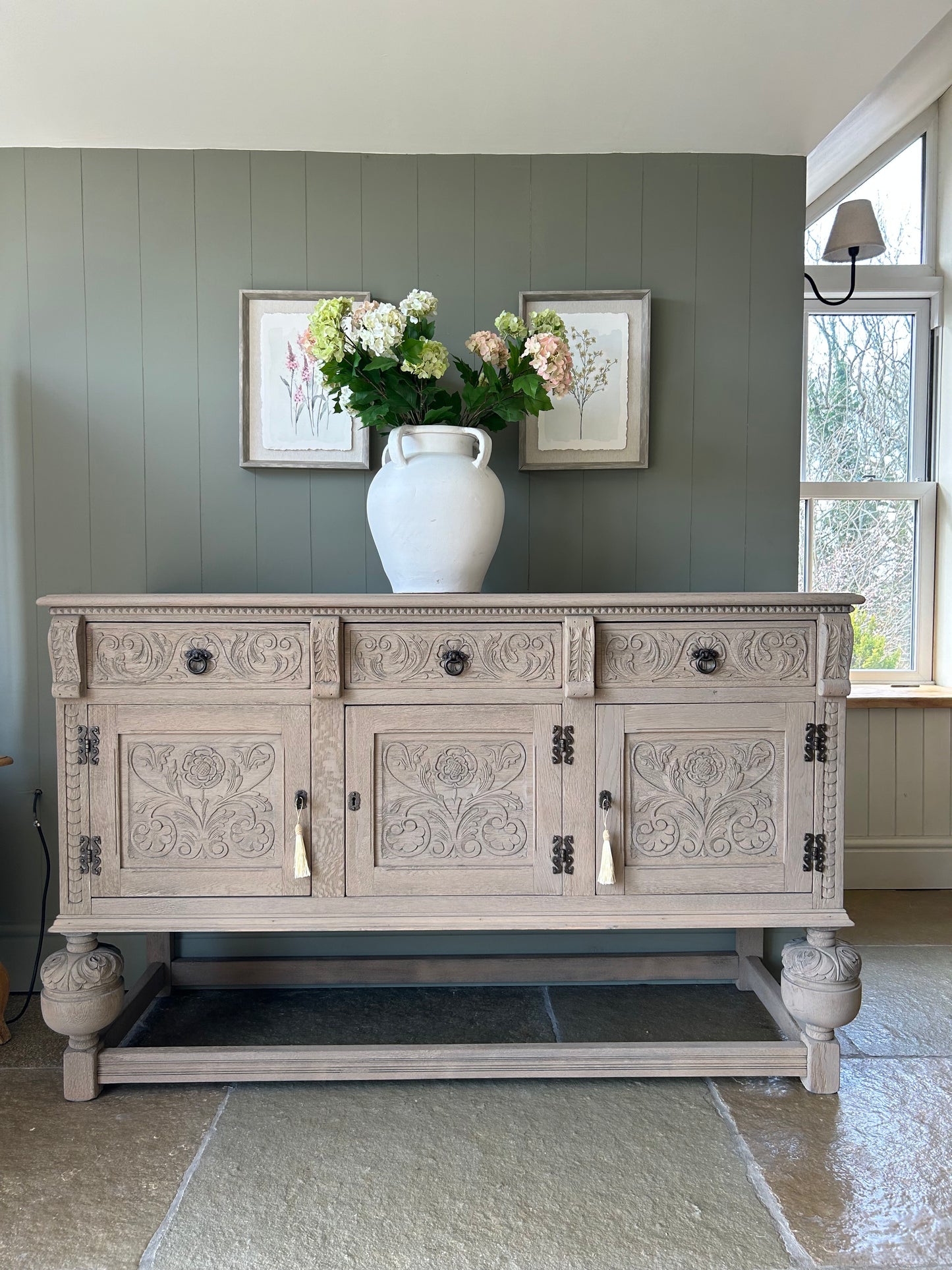 Vintage Weathered Oak Sideboard with carved detailing.