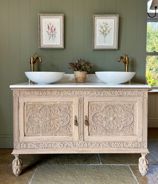 Ornate Vintage Solid Oak Double Vanity sink with Quartz top and Upstand finished in a Light Weathered Oak (124cm wide)