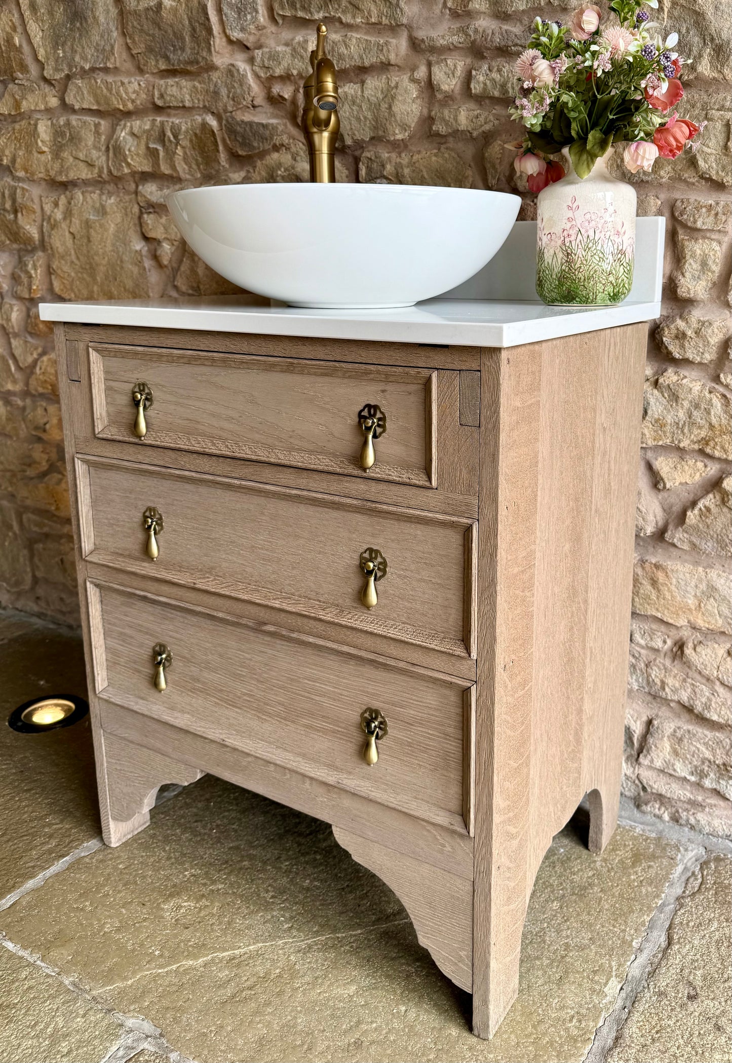 Small Vintage Oak Vanity Unit, Quartz top, Upstand and basin.