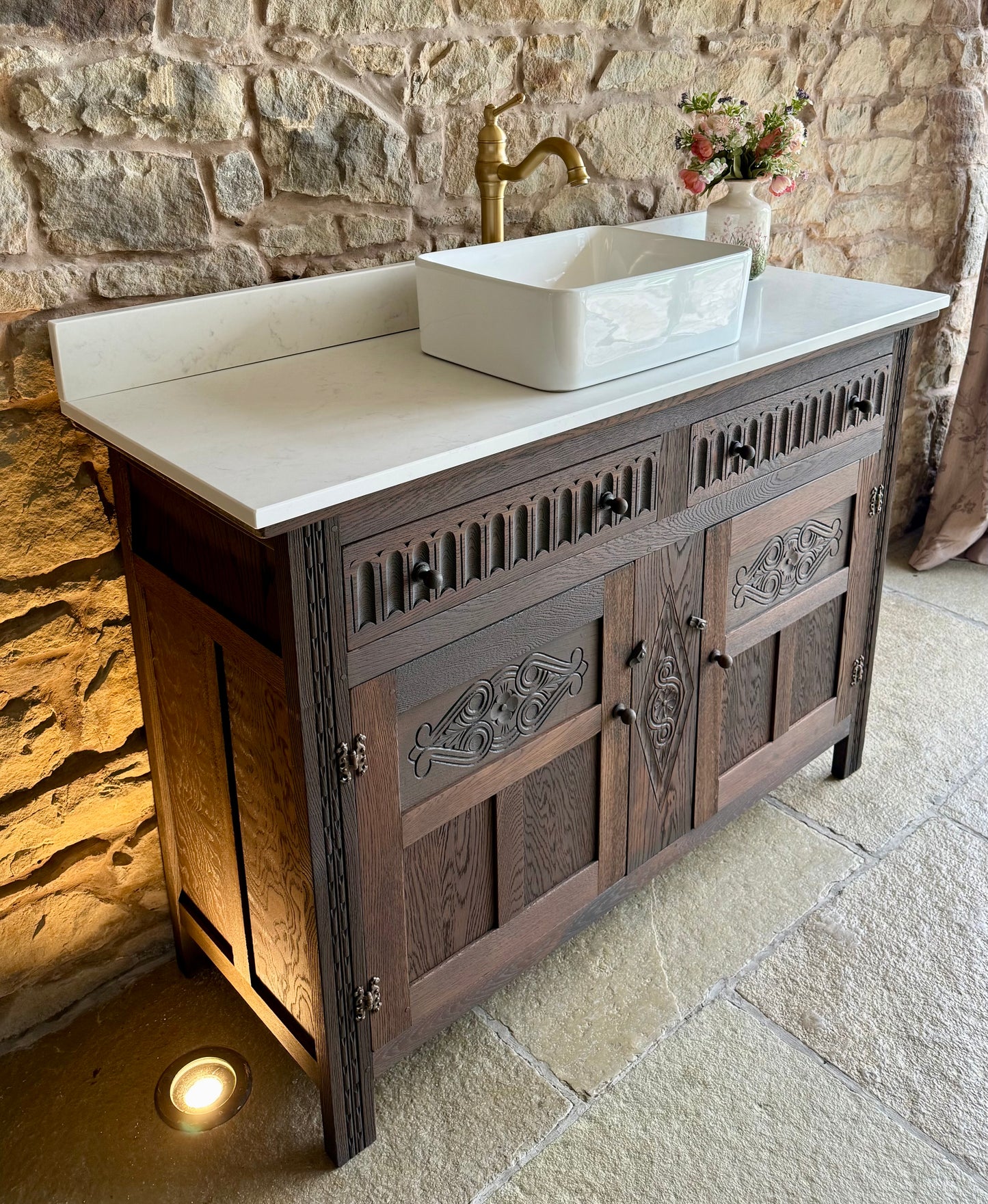 Vintage Classic Dark Oak Vanity Sink Unit, Carrara Quartz top, Upstand and Basin (132cm wide)