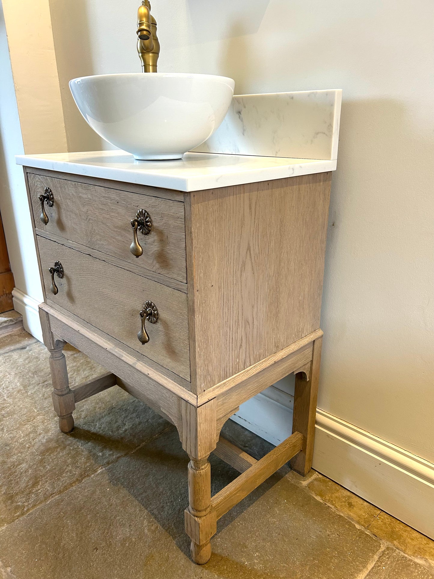 Small Marble Quartz top vanity Sink unit. Weathered Solid Oak 60cm wide