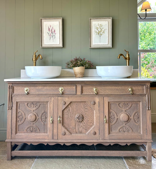 Large Mid Oak Vintage Double Vanity Sink, Quartz top with 2 counter top basins and Upstand. (155cm wide)