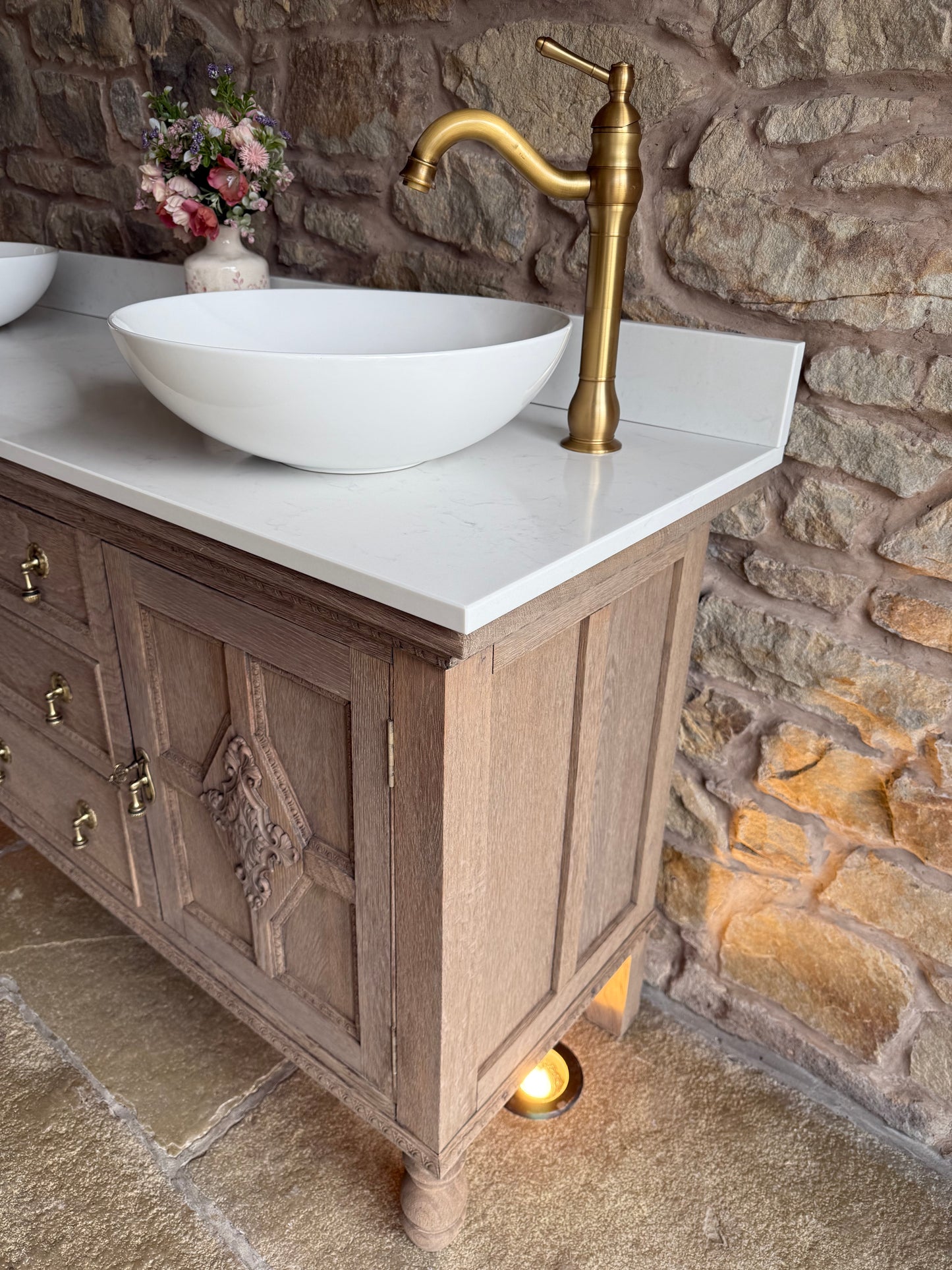 Vintage Solid Oak Double Vanity Sink, Carrara Quartz Top, Upstand and Two Basins