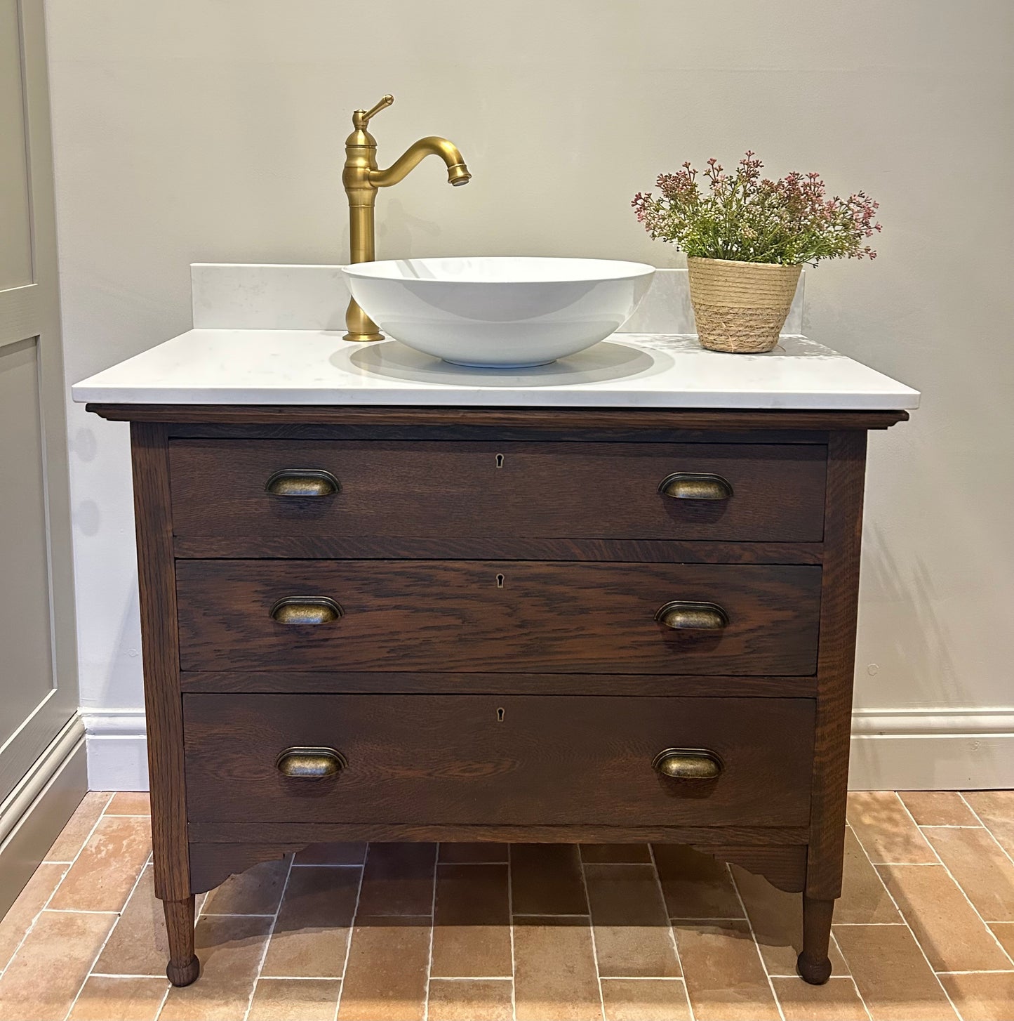 Single Solid Dark Oak Vanity Sink with quartz/marble top, basin and Upstand. 93.5cm wide