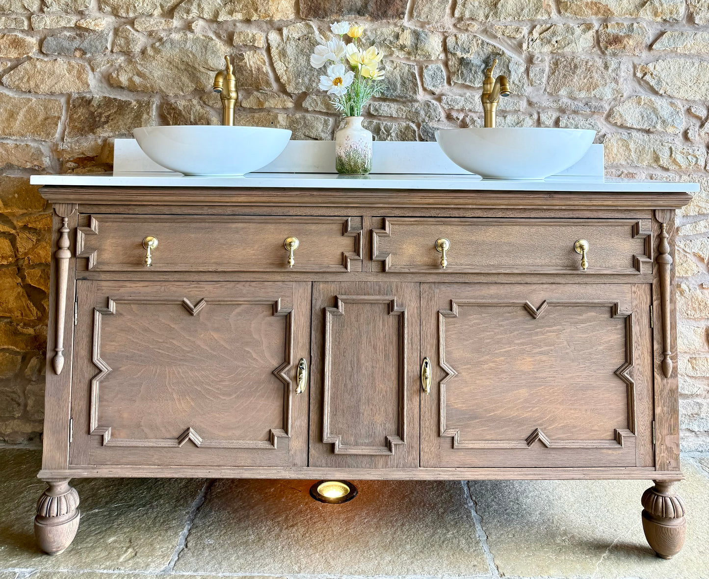 Vintage Solid Oak Double Vanity Sink Unit in a Warm Oak. Carrara Quartz Top, Upstand and Two Basins