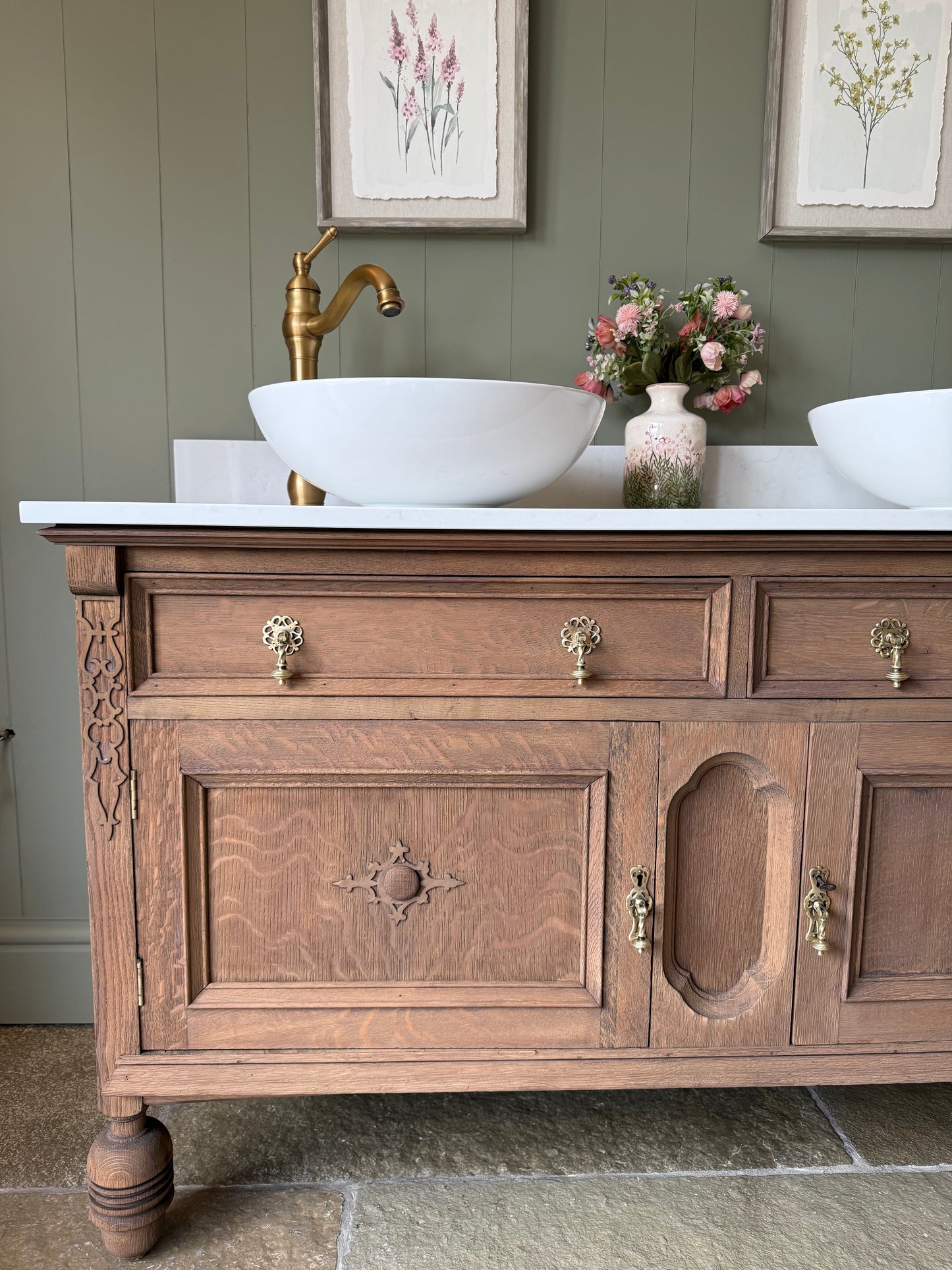 Vintage Mid Oak Vanity Sink, Quartz top, Upstand and two basins. (138cm wide)